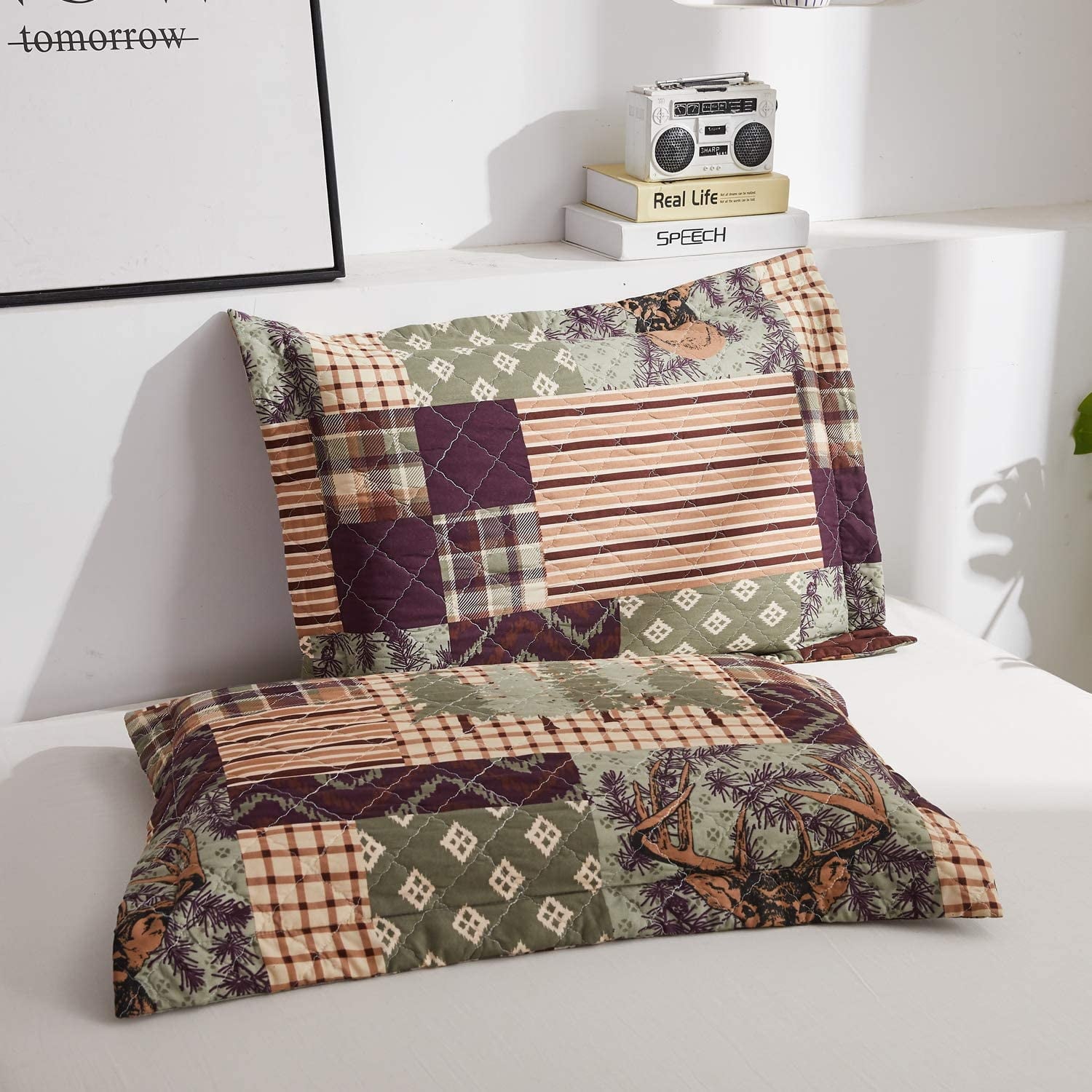 Jessy Home Rustic Lodge Bedding Twin Moose Quilt Plaid Patchwork Bear Poly Fill Quilt Bedspread Coverlet