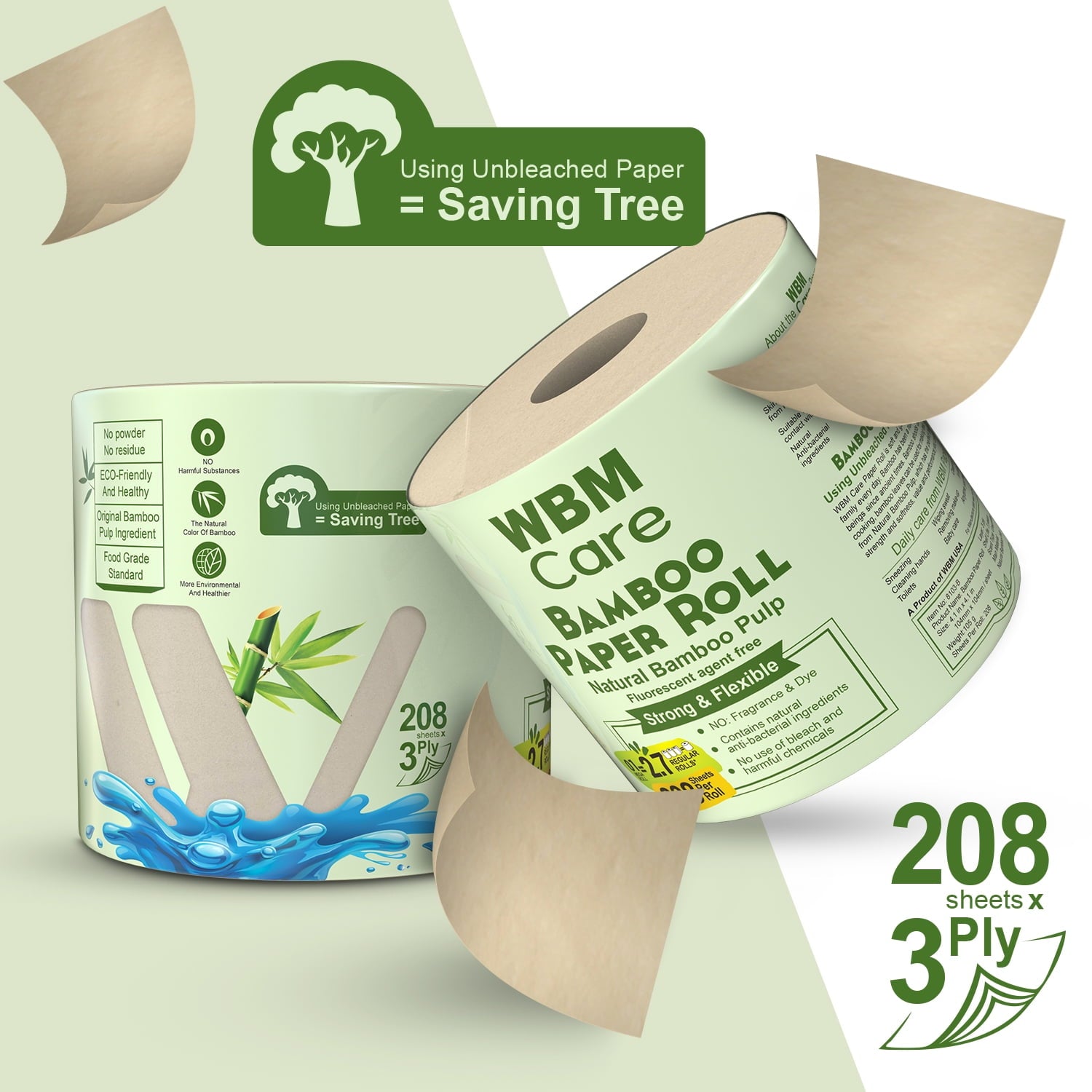 WBM Care Natural Bamboo Toilet Paper - 3-Ply, Unbleached, Tree-Free, 208 Sheets per Roll, 10 Rolls, Soft and Gentle Bath Tissue, Chemical-Free