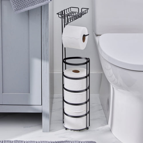 Better Homes & Gardens Free Standing Toilet Paper Holder with Reserve - Matte Black, Fully Assembled