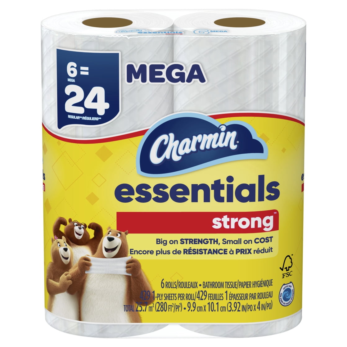 Charmin Essentials Strong Toilet Paper - 3 Packs of 6 Mega Rolls, 429 Sheets per Roll