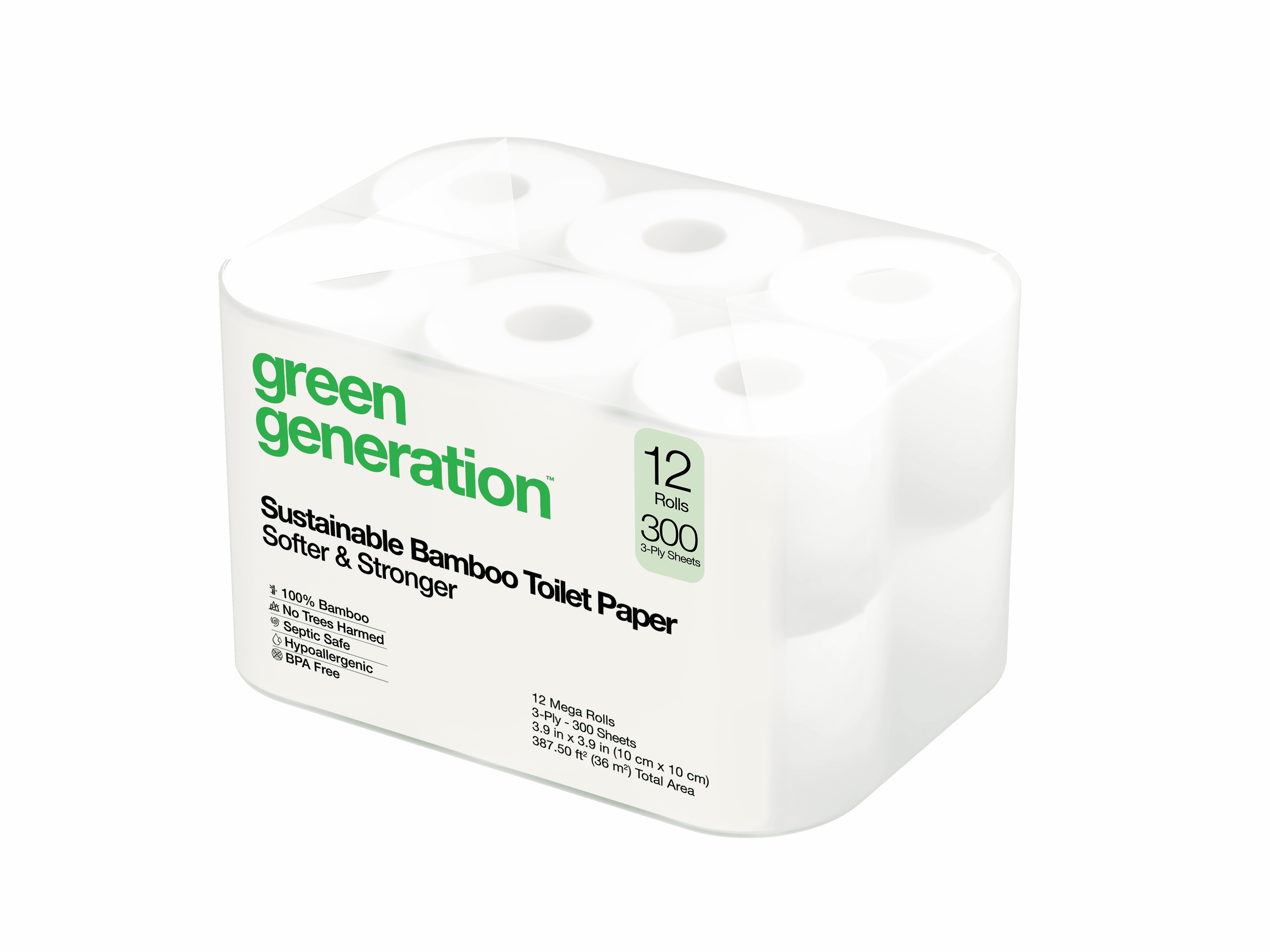 Green Generation Bamboo Toilet Paper - 12 Mega Rolls, 3-Ply, 300 Sheets per Roll