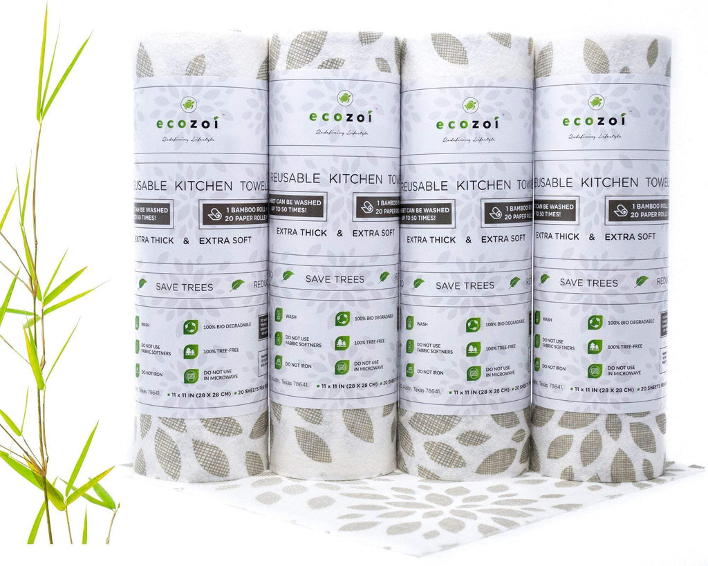 Ecozoi Bamboo Rayon Reusable Paper Towels 4 Pack - 70% Bamboo Rayon 30% Cotton, Equivalent to 80 Regular Rolls, Printed Design