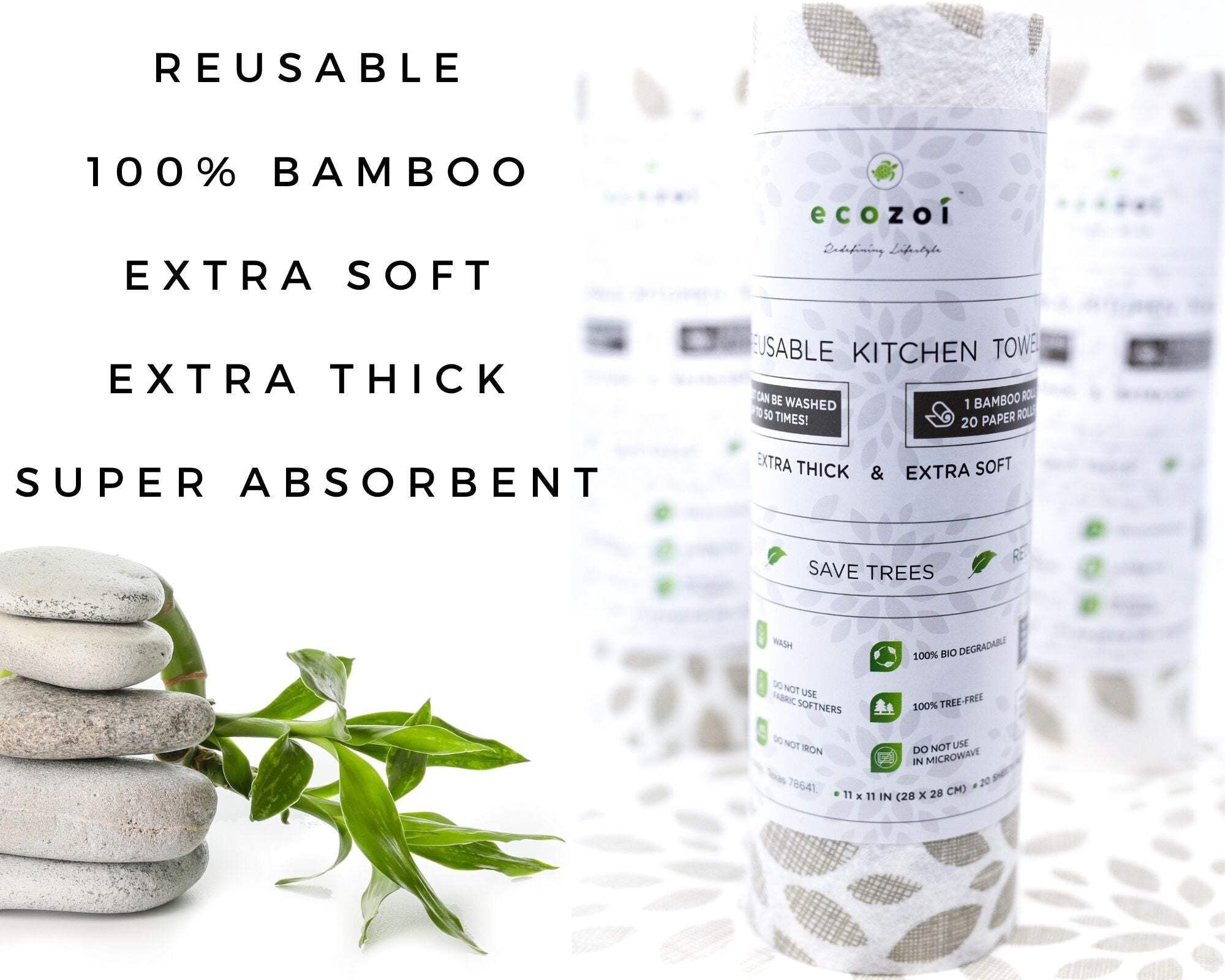 Ecozoi Bamboo Rayon Reusable Paper Towels 4 Pack - 70% Bamboo Rayon 30% Cotton, Equivalent to 80 Regular Rolls, Printed Design