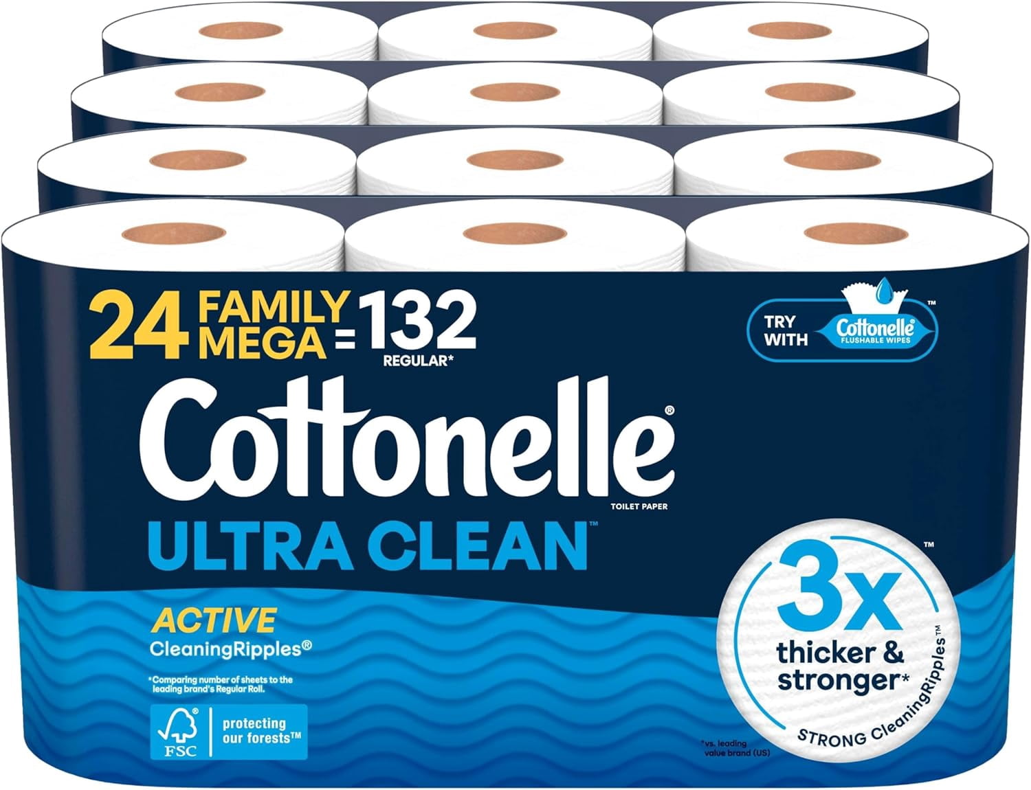 Cottonelle Ultra Clean Toilet Paper with Active CleaningRipples Texture - Strong Bath Tissue, 24 Family Mega Rolls = 132 Regular Rolls (4 Packs of 6)
