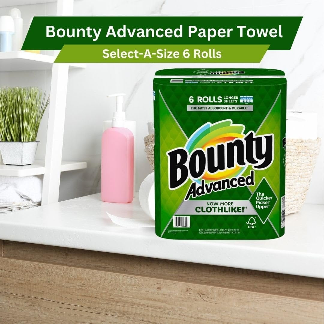 Bounty Advanced 2-Ply Paper Towel - Absorbent - Durable - Select-A-Size - Clothlike - 6 Rolls