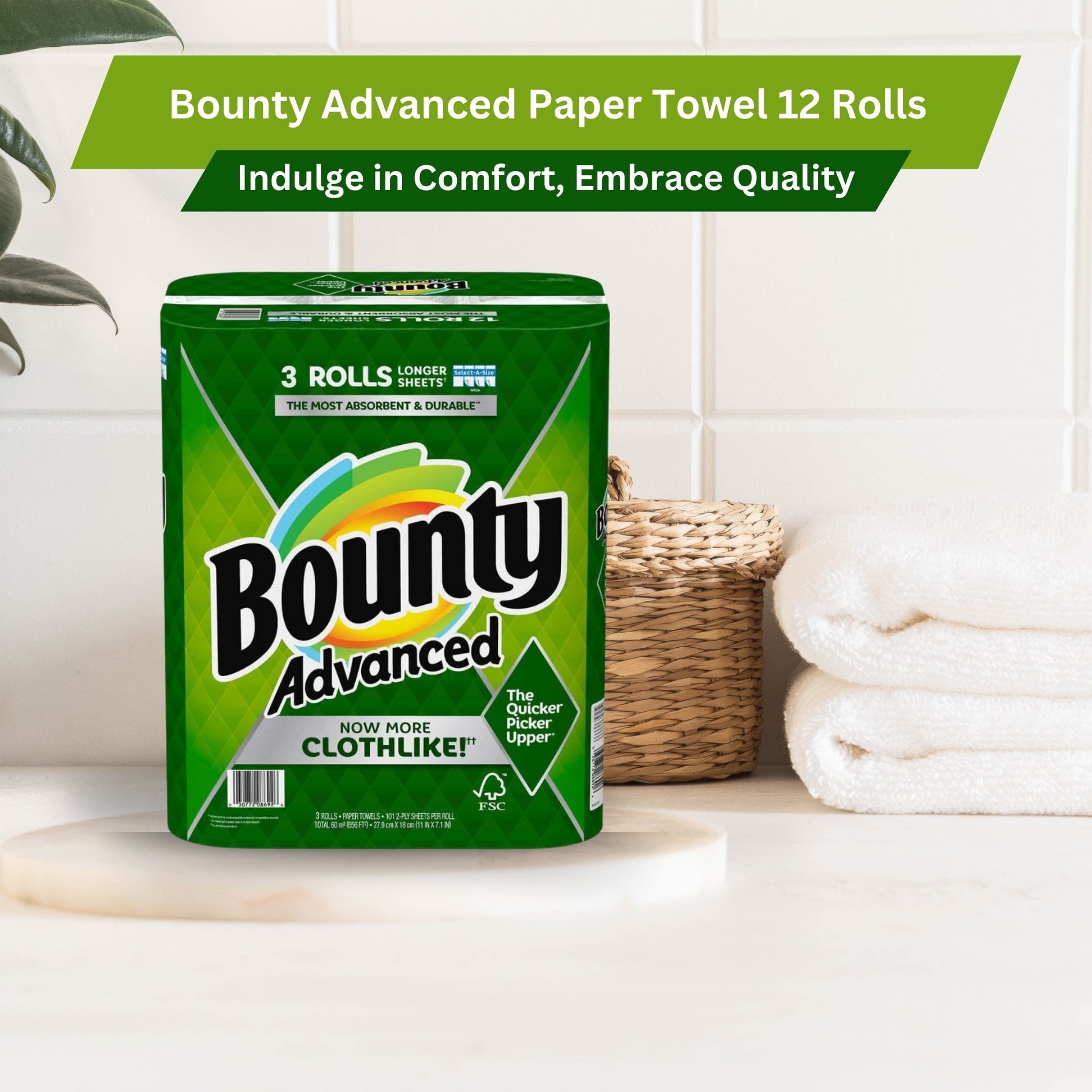 Bounty Advanced 2-Ply Paper Towel - Absorbent - Durable, and Clothlike - Select-A-Size - 3 Rolls