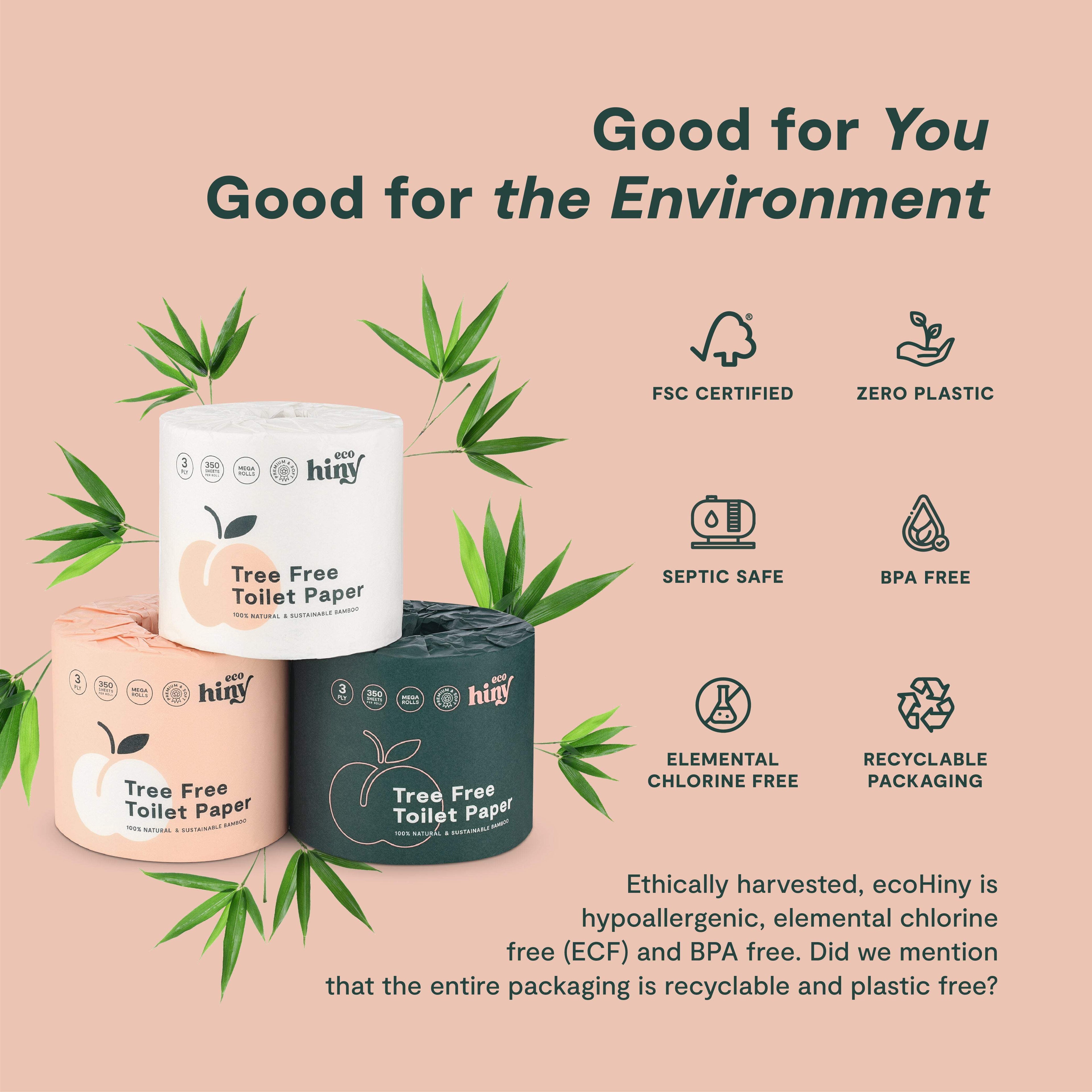 ecoHiny Bamboo Toilet Paper - 12 Mega Rolls, 3-Ply, 350 Sheets per Roll