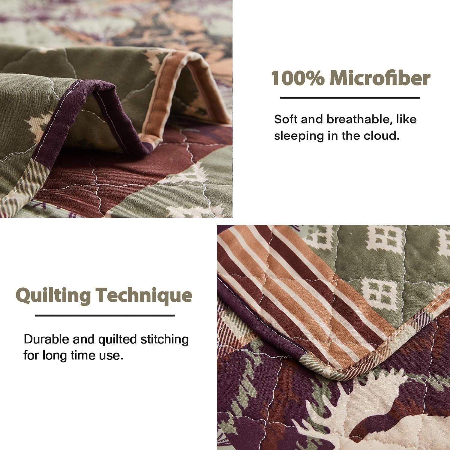 Jessy Home Rustic Lodge Bedding Twin Moose Quilt Plaid Patchwork Bear Poly Fill Quilt Bedspread Coverlet