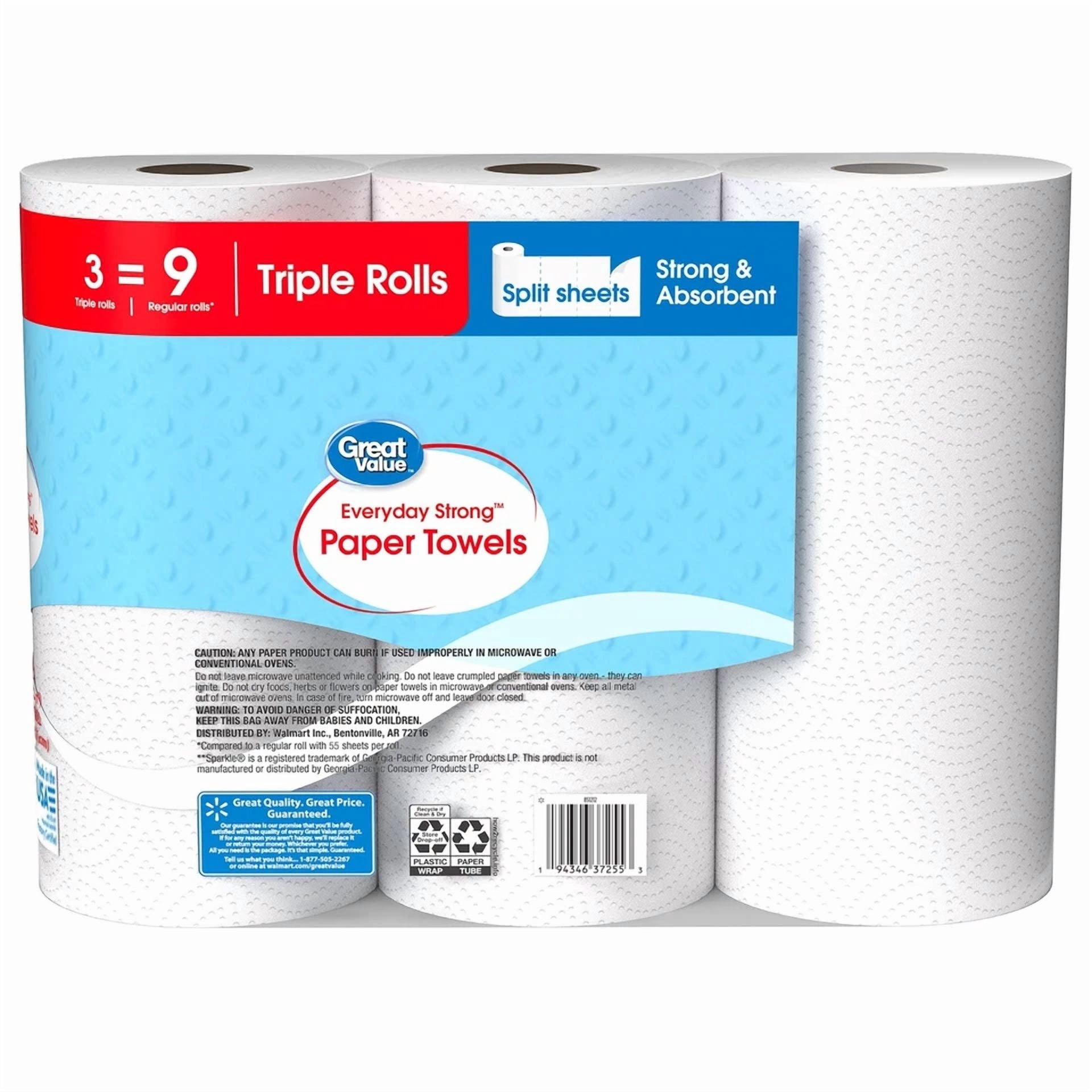 Everyday Strong Paper Towels - Split Sheets, 3 Triple Rolls, Compare To Sparkle