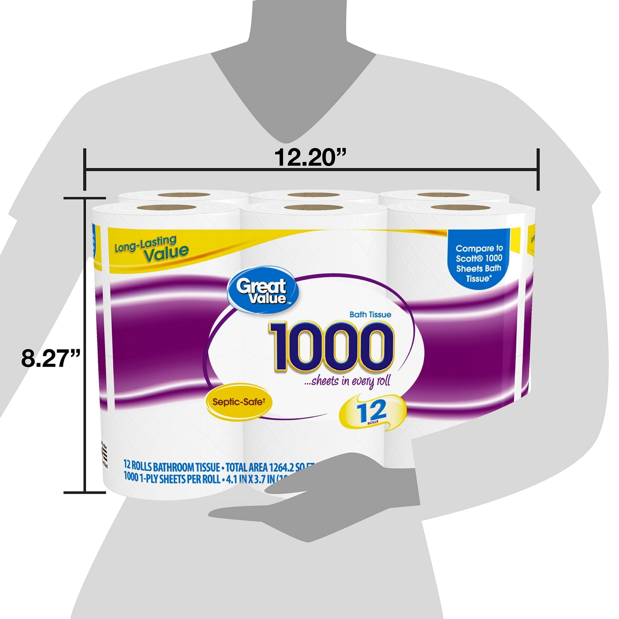 1000 Sheets per Roll Toilet Paper - 12 Rolls, Compare to Scott® 1000 Sheets Bath Tissue