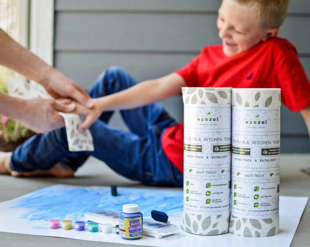 Ecozoi Bamboo Rayon Reusable Paper Towels 4 Pack - 70% Bamboo Rayon 30% Cotton, Equivalent to 80 Regular Rolls, Printed Design
