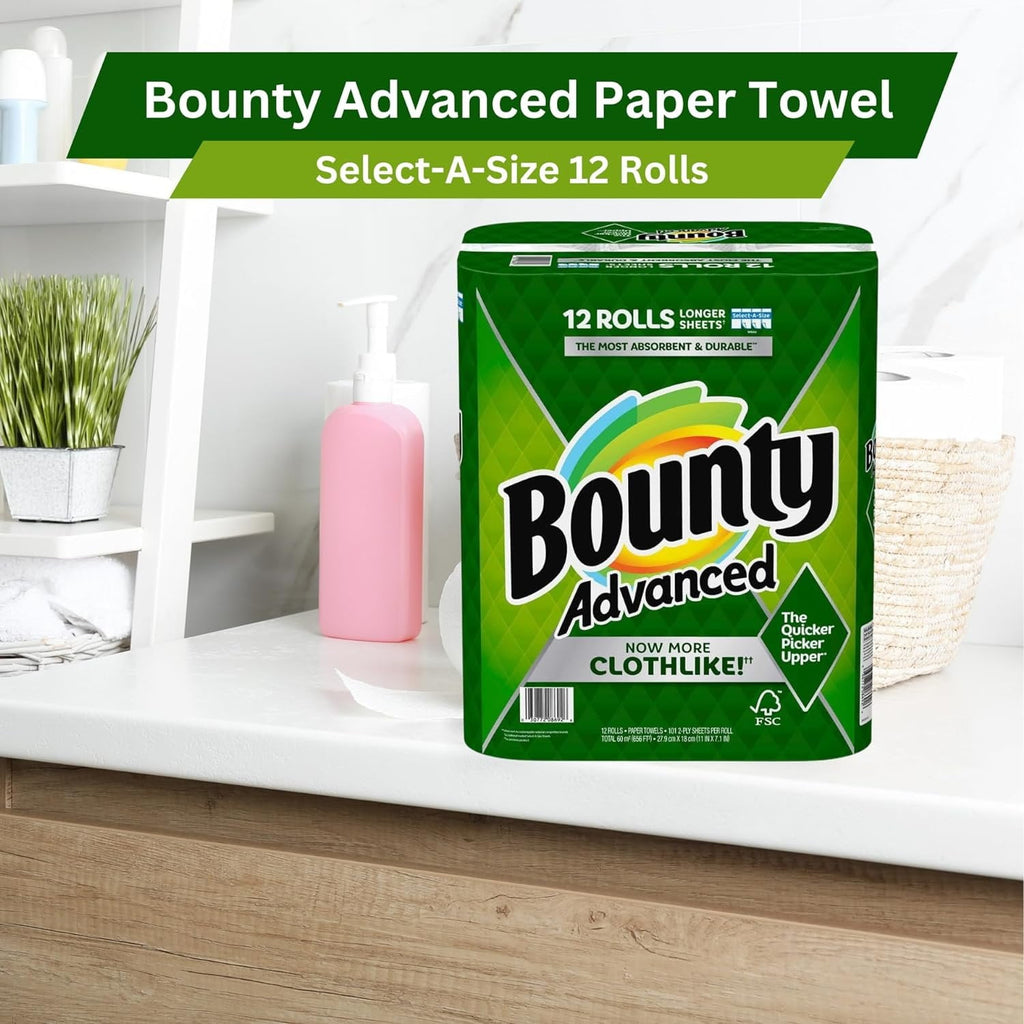 Bounty Advanced 2-Ply Paper Towel 12 Rolls - Absorbent - Durable, Longer Sheets - Select-A-Size