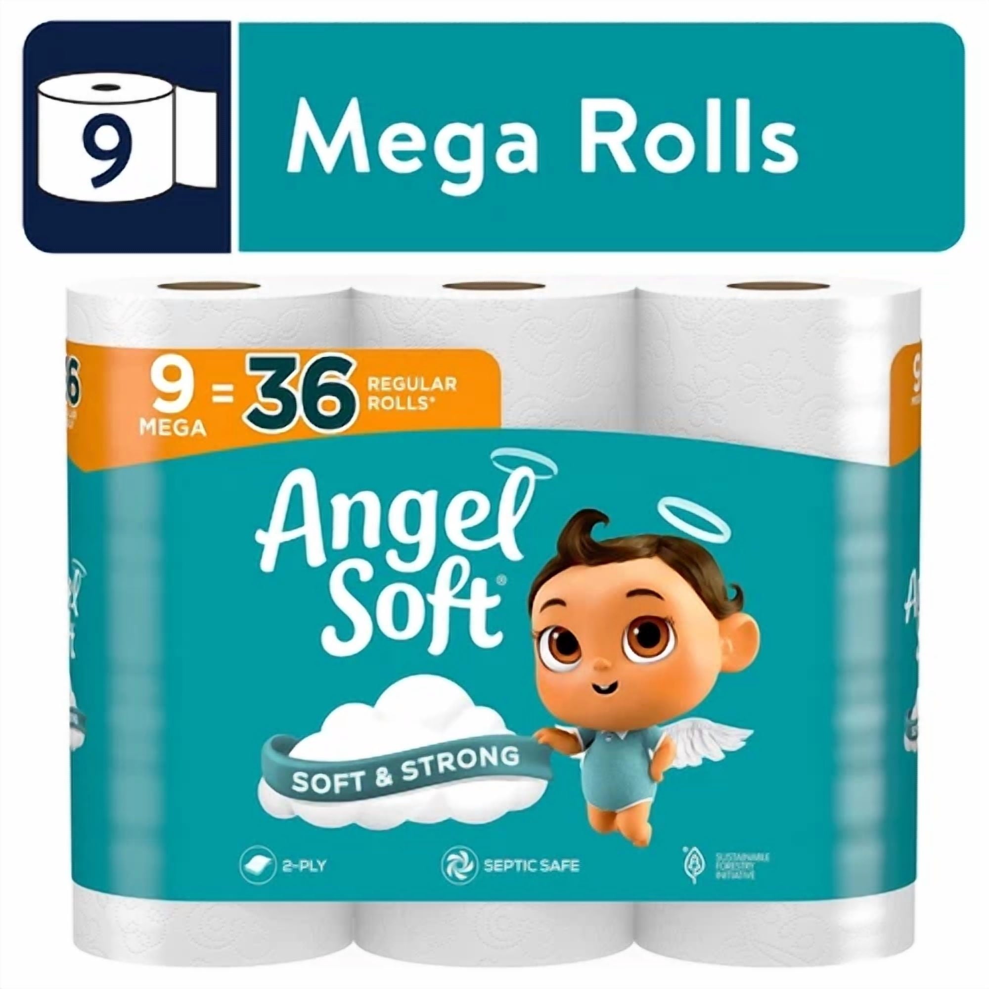 Angel Soft 2-Ply Toilet Paper - 9 Mega Rolls 5.12 X 15.12 X 11.40 Inches