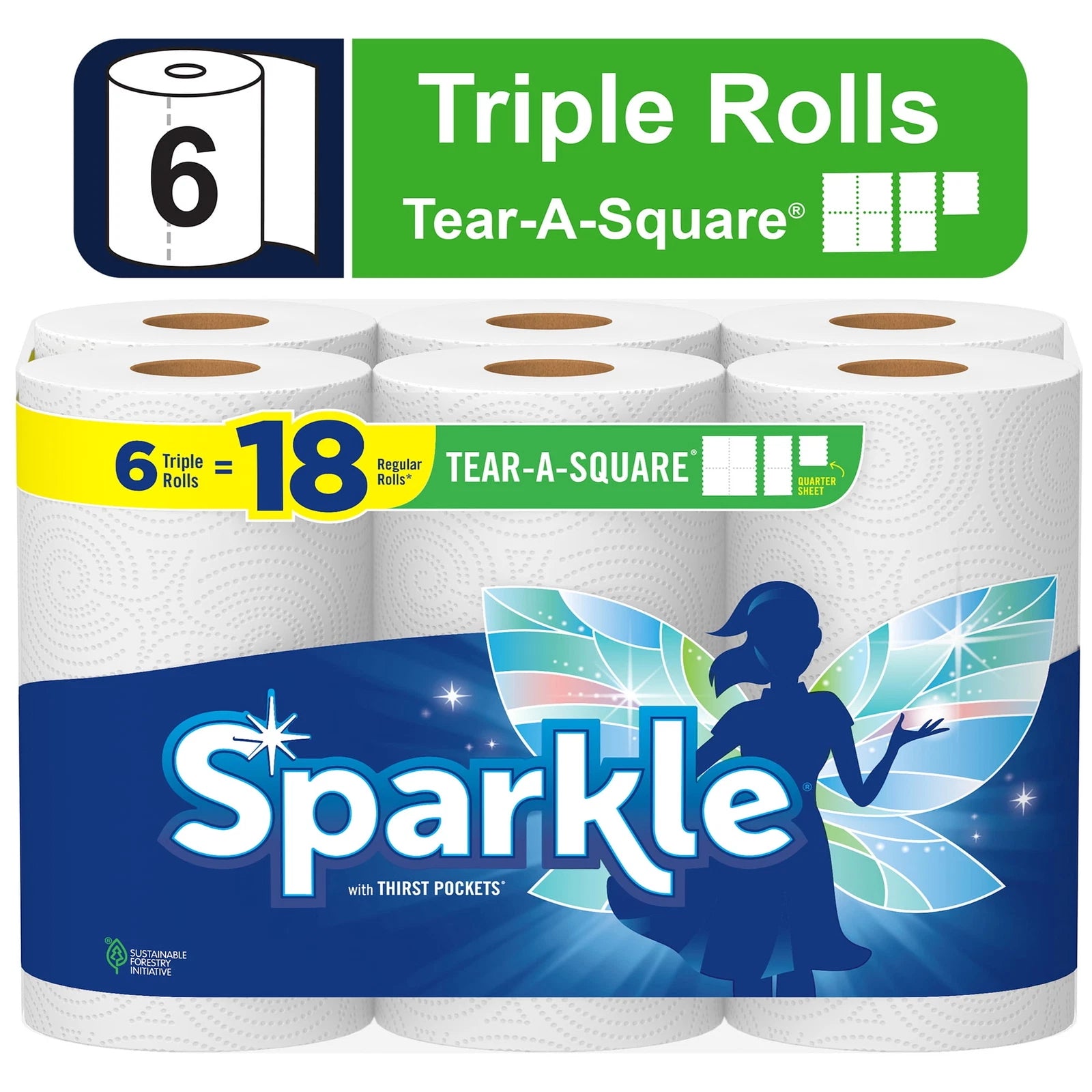 BEST- Sparkle Tear-A-Square Paper Towels - 6 Triple Rolls, White, Customizable Sheet
