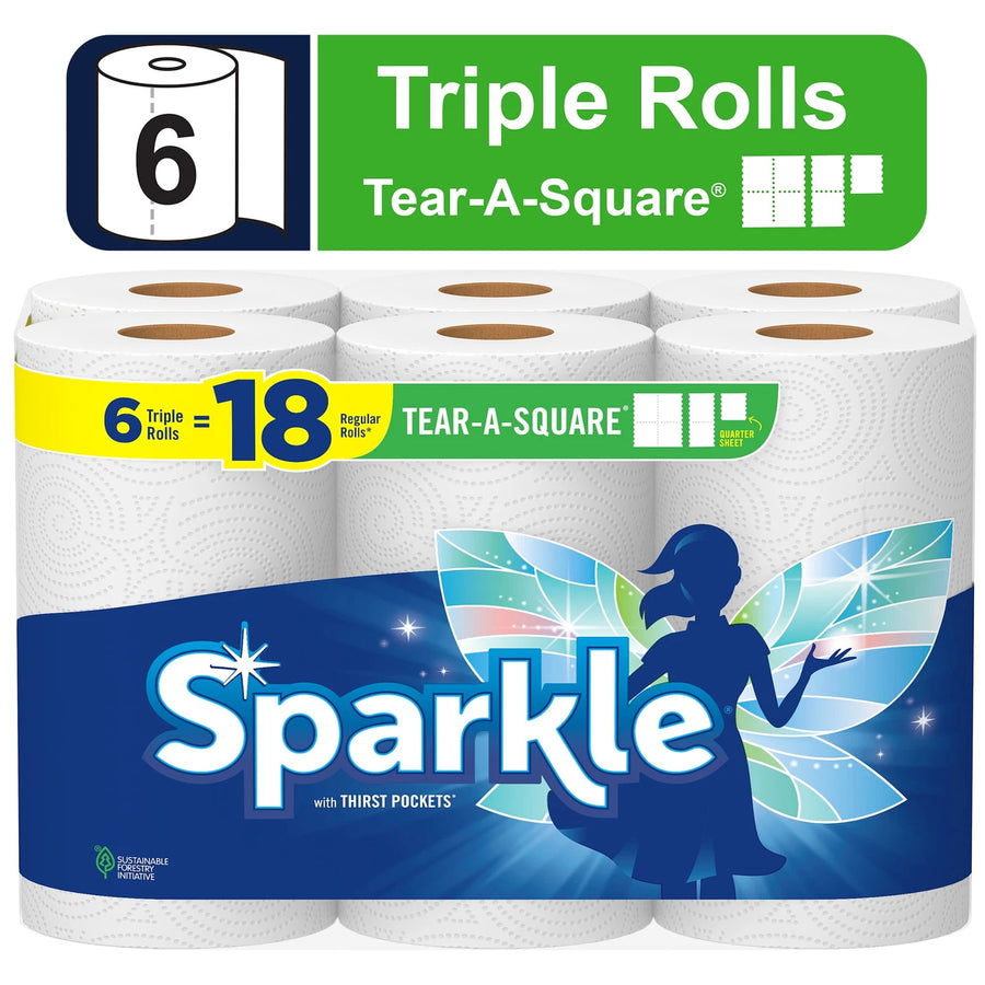 BEST- Sparkle Tear-A-Square Paper Towels - 6 Triple Rolls, White, Customizable Sheet