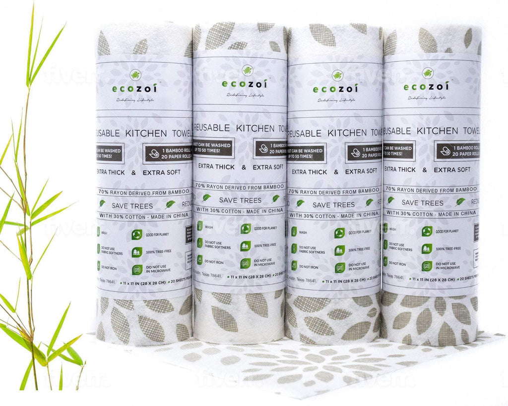 Ecozoi Bamboo Rayon Reusable Paper Towels 4 Pack - 70% Bamboo Rayon 30% Cotton, Equivalent to 80 Regular Rolls, Printed Design