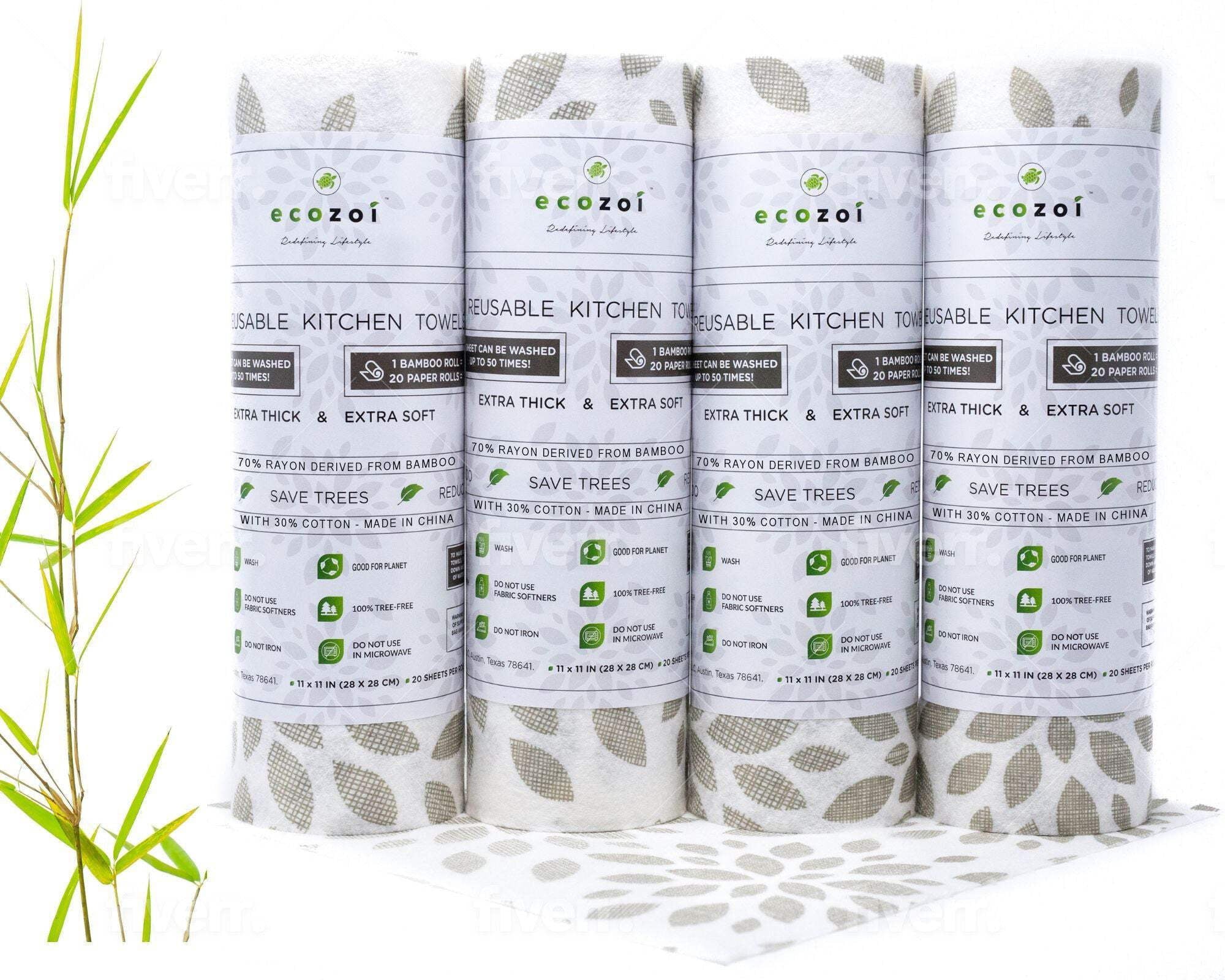 Ecozoi Bamboo Rayon Reusable Paper Towels 4 Pack - 70% Bamboo Rayon 30% Cotton, Equivalent to 80 Regular Rolls, Printed Design