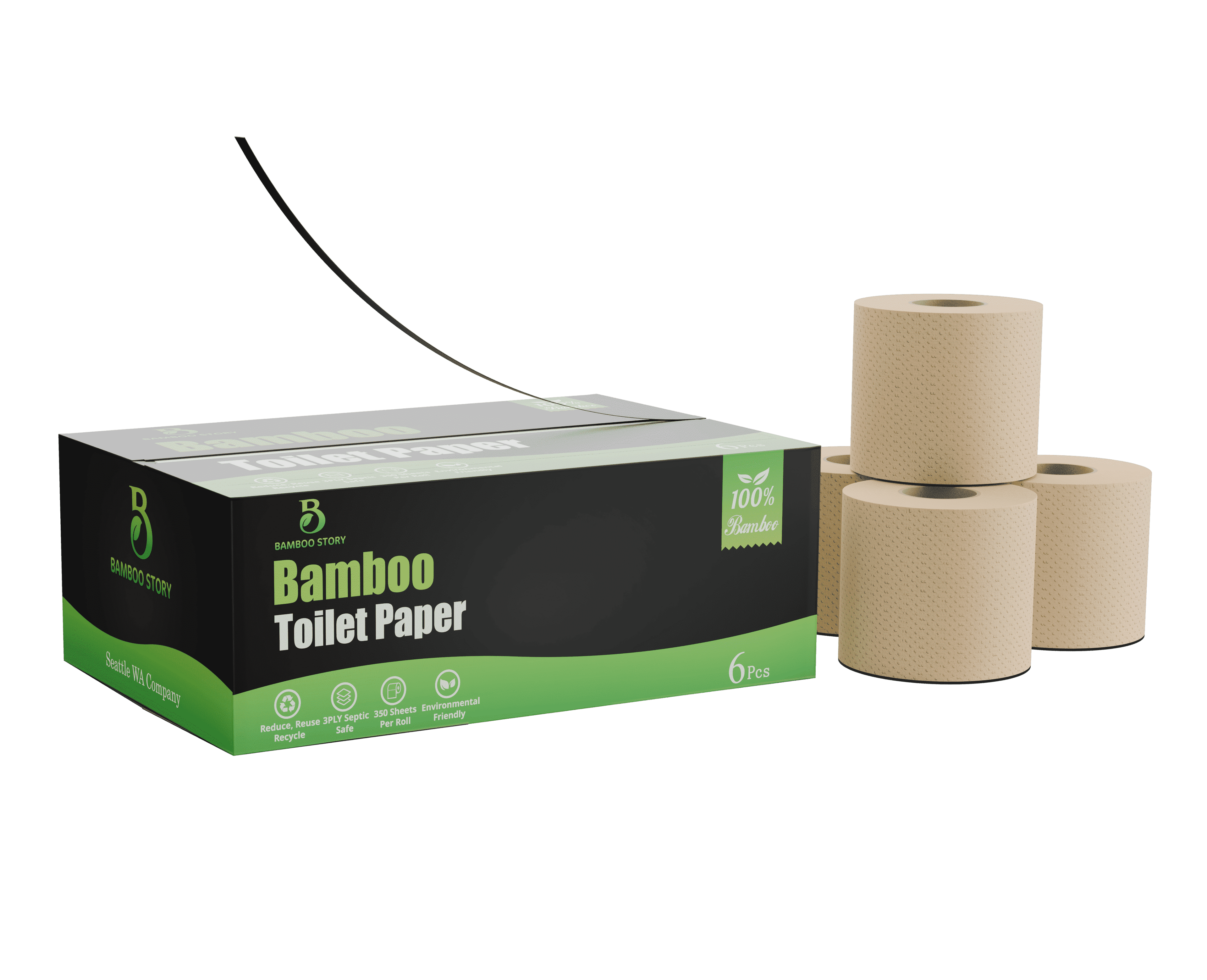 Bamboo Story Bamboo Toilet Paper Unbleached – 6 Rolls - 3-Ply, 350 Sheets - Hypoallergenic, Chemical Free, Septic Safe, FSC Certified - Non Toxic, Natural Bamboo Tissue