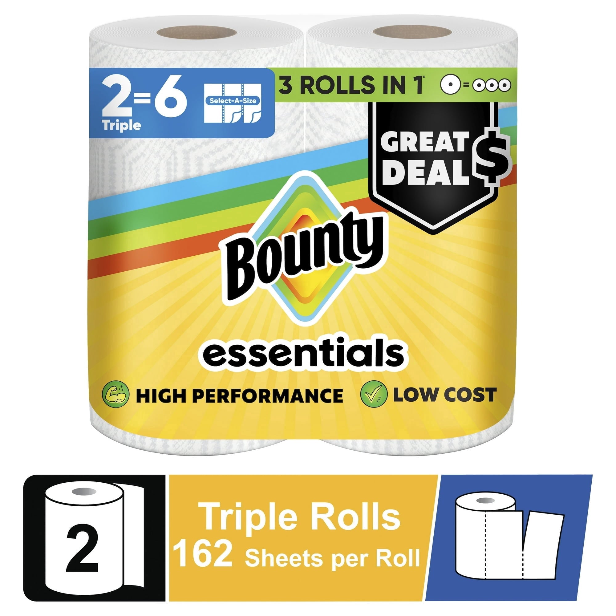 Bounty Essentials Paper Towels Select-A-Size - 2 Triple Rolls, White, 162 Sheets Per Roll