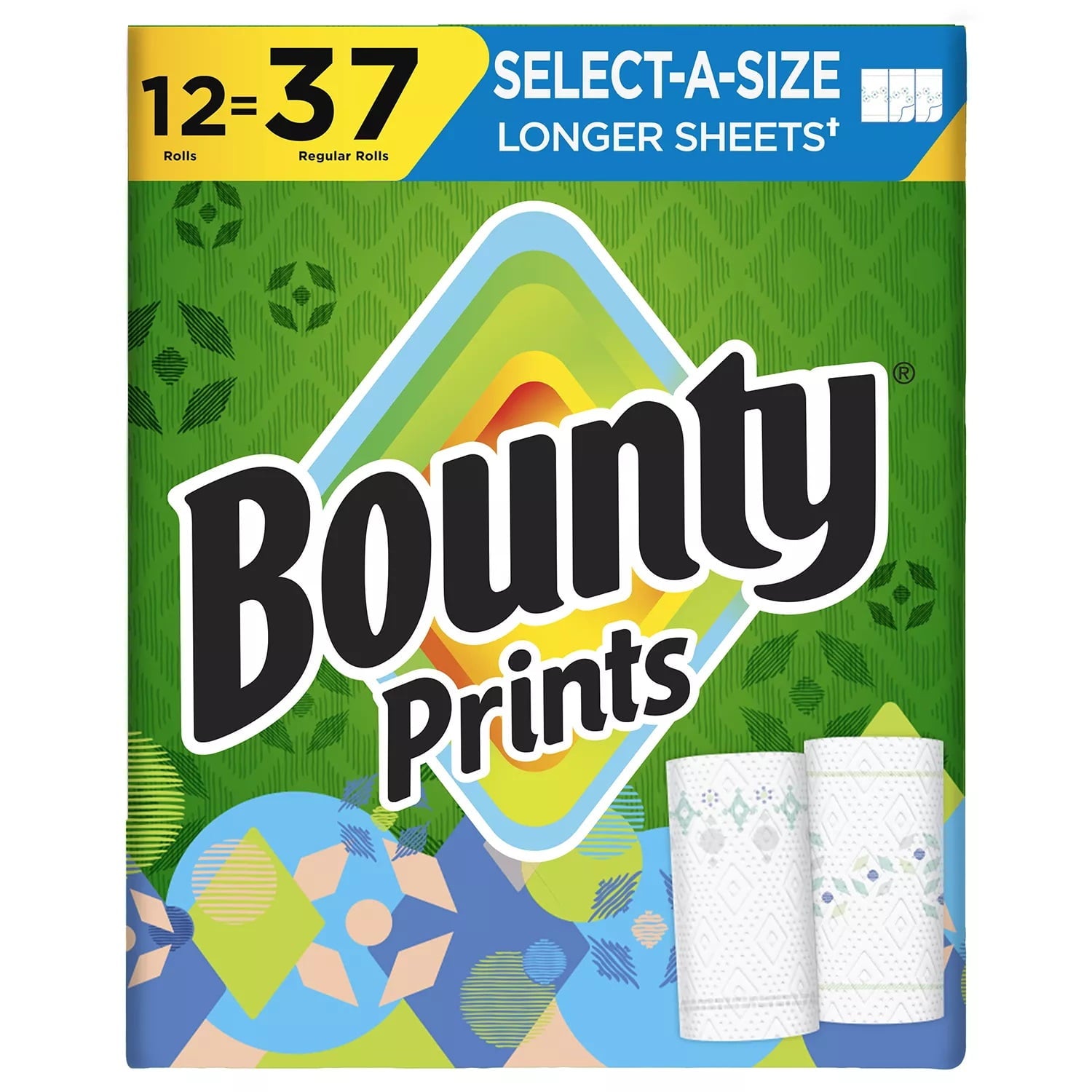 Bounty Prints Select-A-Size 2-Ply Paper Towels - 12 Rolls, 128 Sheets/Roll