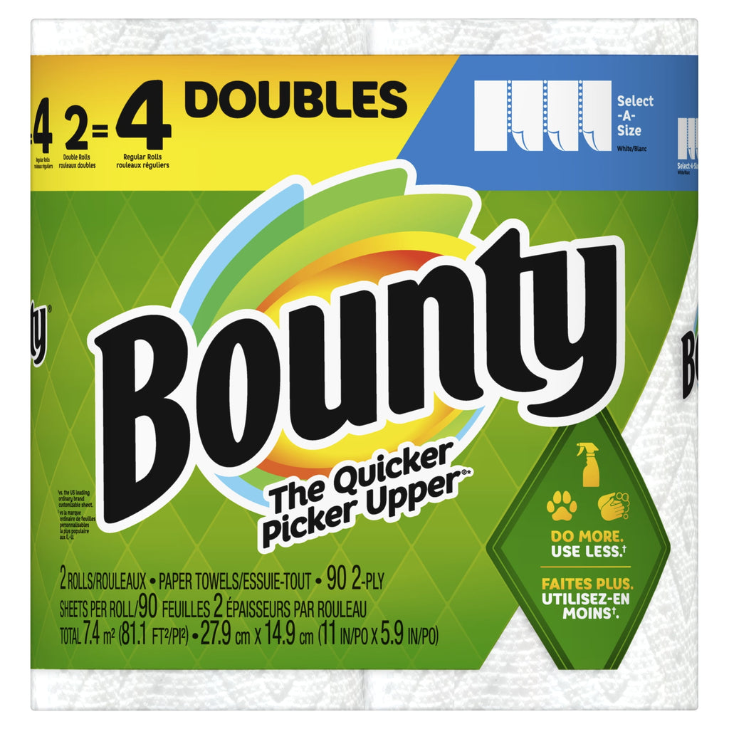 Bounty Select-A-Size 2-Ply Paper Towels - Double Roll, 11" x 6", White, 90 Sheets Per Roll, Pack Of 2 Rolls