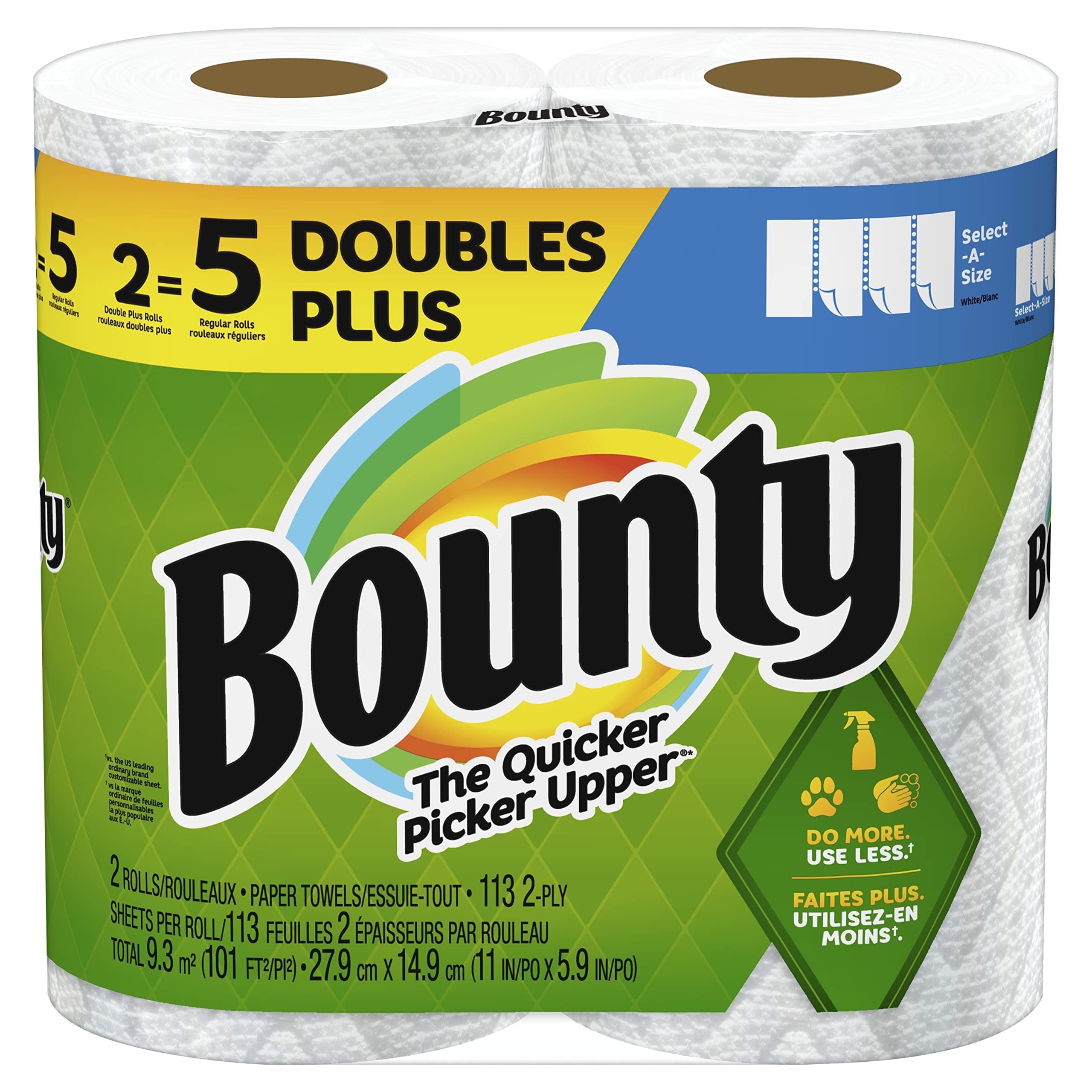 Bounty Select-A-Size Paper Towels - 2 Double Plus Rolls, White, 2 Double Plus Rolls = 5 Regular Rolls
