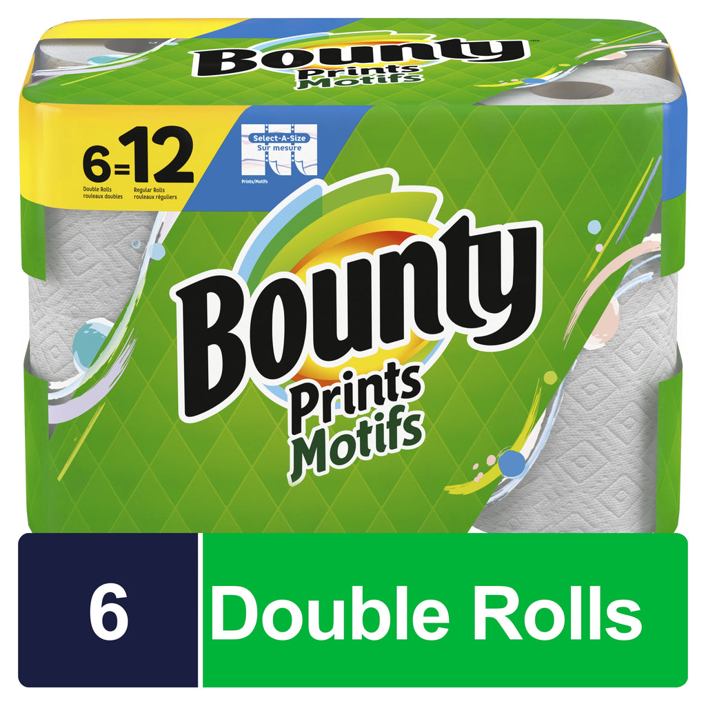 Bounty Select-A-Size Paper Towels - 6 Double Rolls, Print, 90 Sheets Per Roll