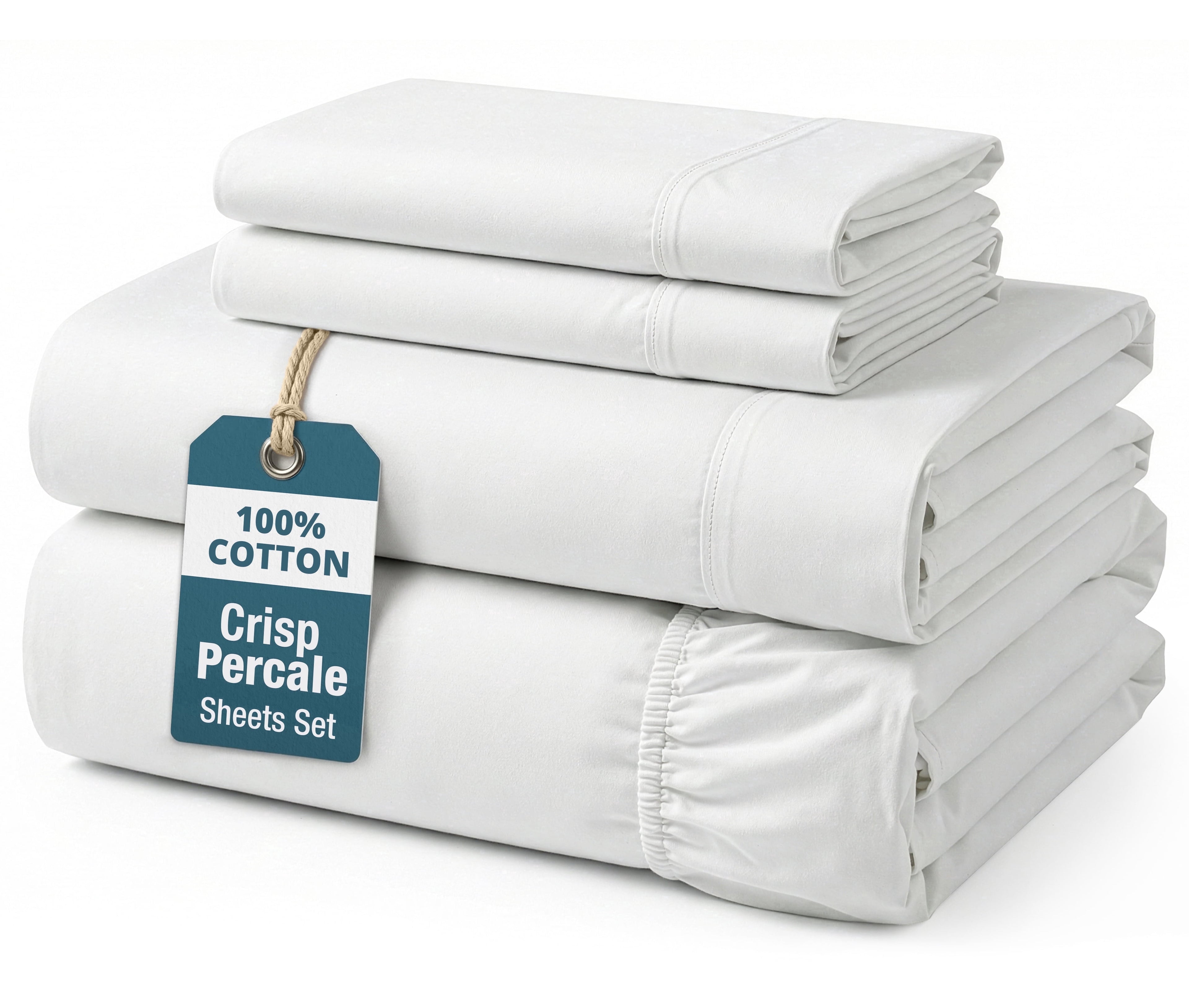 Casa Platino 100 Cotton Sheets Set - 4 Piece Long Staple Cotton Queen Sheets - Crisp & Cool Percale Weave, Every Day Comfort, 15" Deep Pocket Fitted, Machine Washable - White