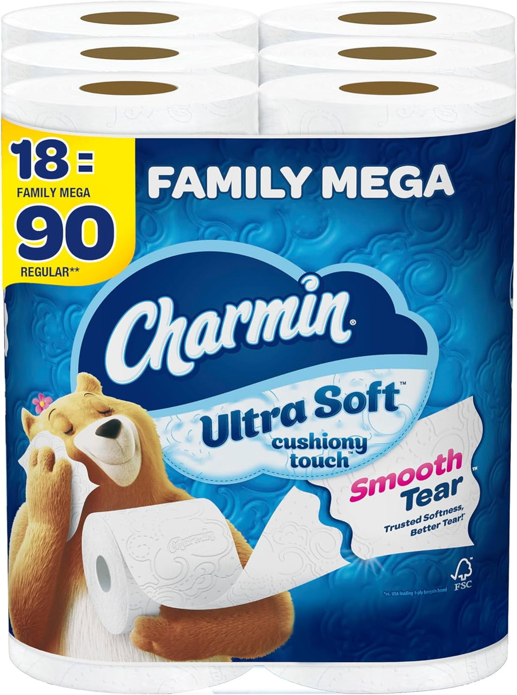 Charmin Ultra Soft Cushiony Touch Toilet Paper - 18 Family Mega Rolls (90 Regular Rolls)