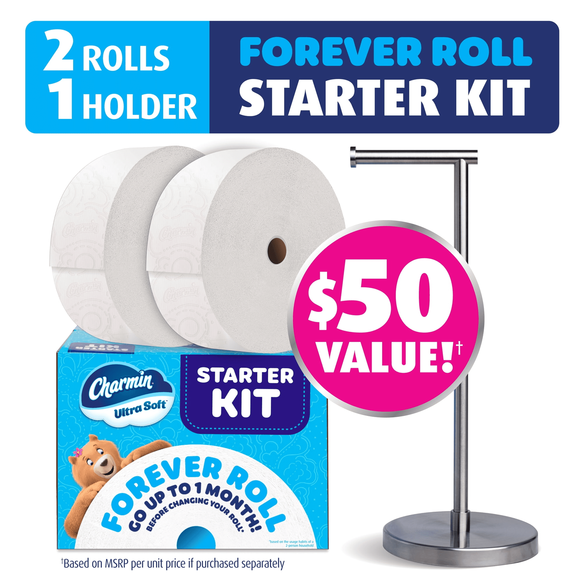 Charmin Ultra Soft Toilet Paper - Forever Roll Starter Kit, 2 Rolls + Holder