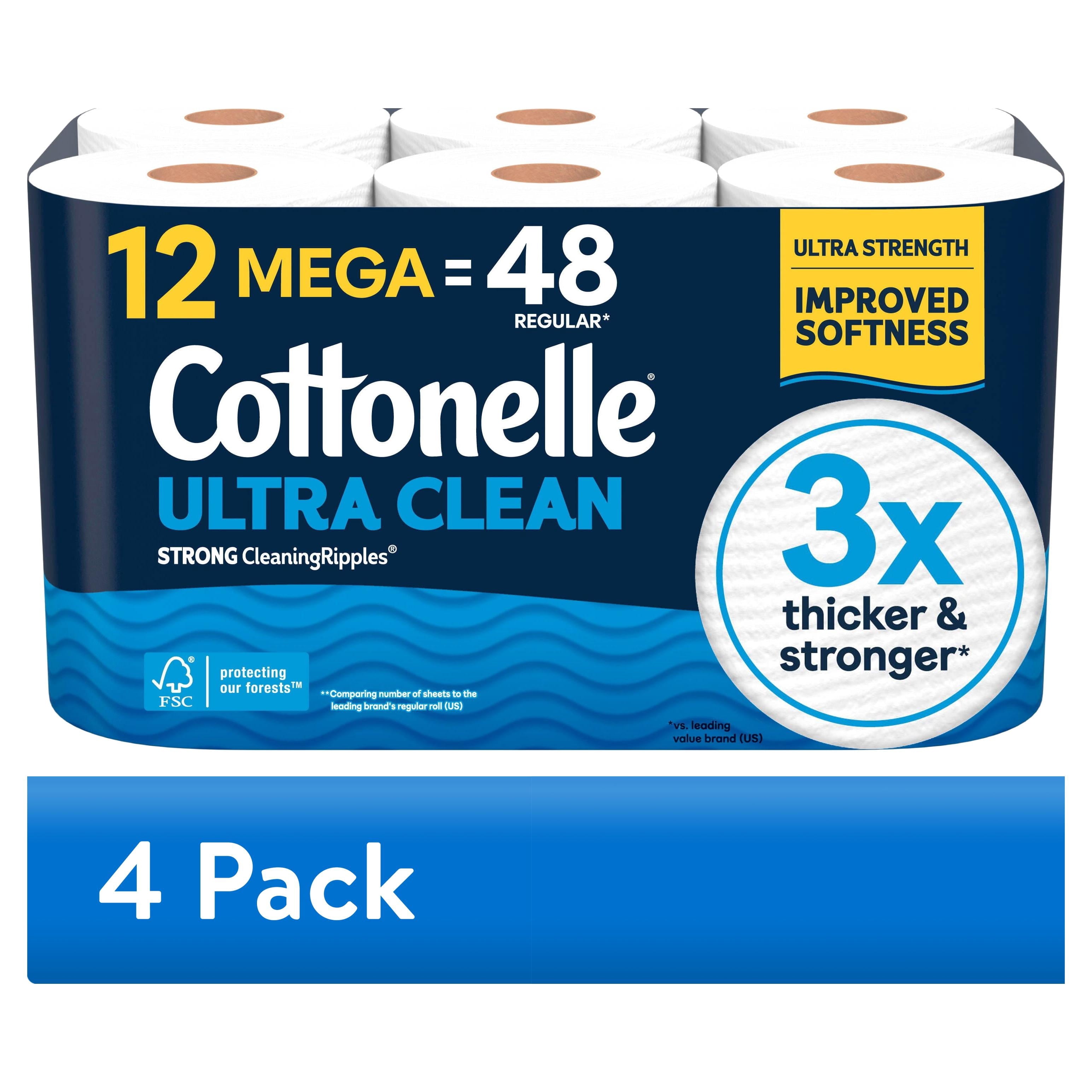Cottonelle Ultra Clean Toilet Paper - Strong Toilet Tissue, 12 Mega Rolls - 4-Pack