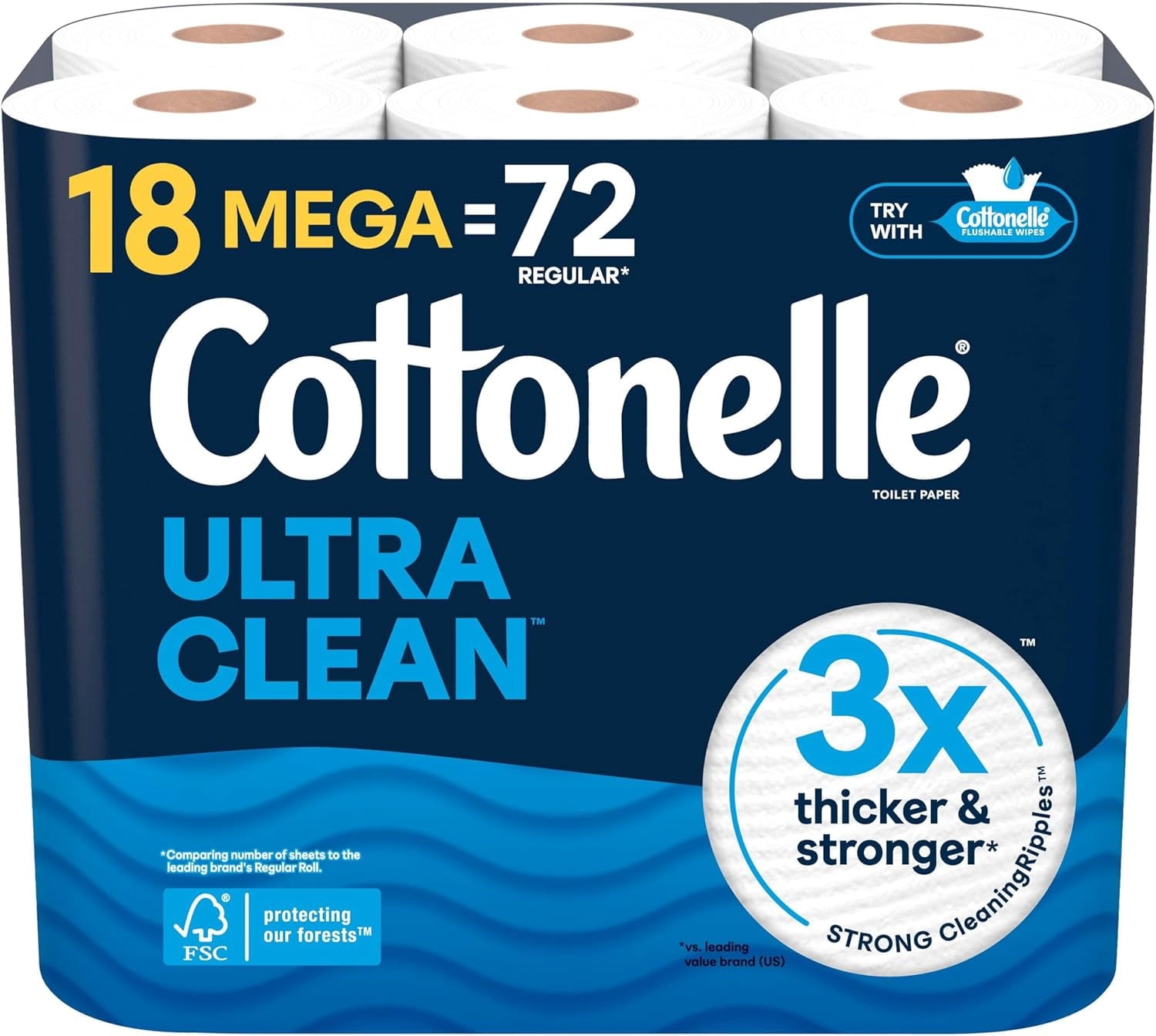 Cottonelle Ultra Clean Toilet Paper with Active CleaningRipples Texture - Strong Bath Tissue, 24 Family Mega Rolls = 132 Regular Rolls (4 Packs of 6)
