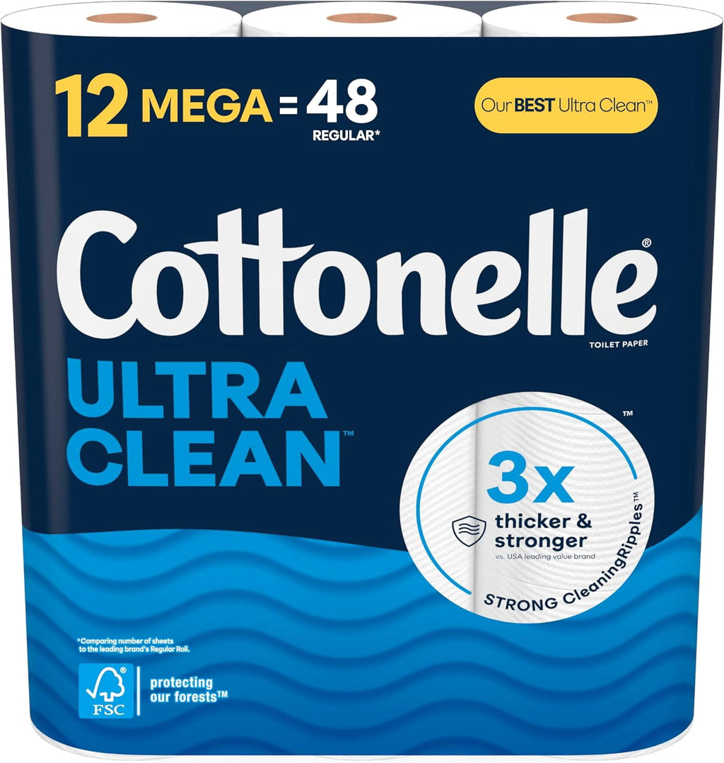 Cottonelle Ultra Clean Toilet Paper with Active CleaningRipples Texture - Strong Bath Tissue, 24 Family Mega Rolls = 132 Regular Rolls (4 Packs of 6)