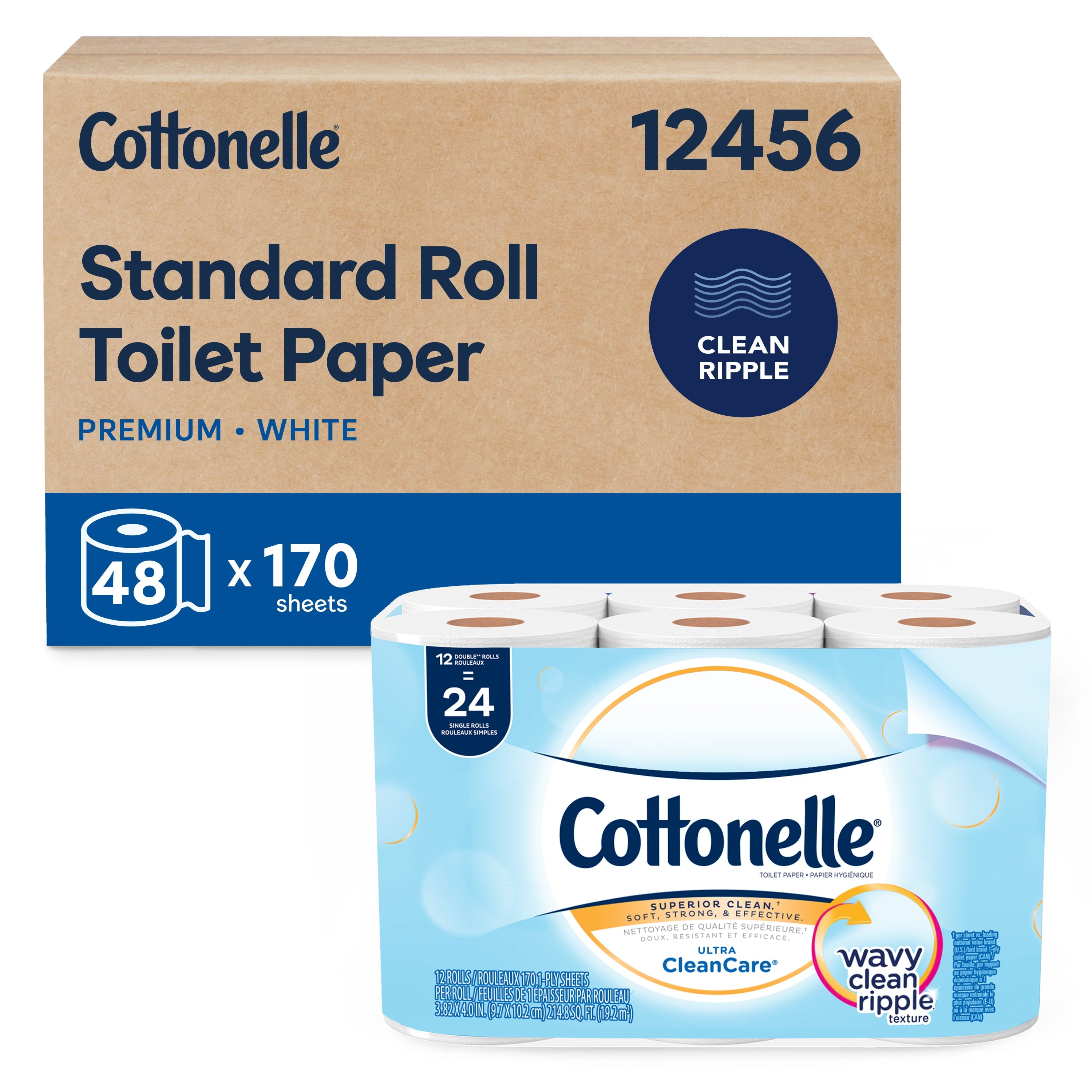 Cottonelle Professional Standard Roll Toilet Paper - Bulk (12456), Ultra CleanCare Bathroom Tissue, Clean Ripple Texture, White (48 Rolls of 170 Sheets, 8, 160 Sheet Total)