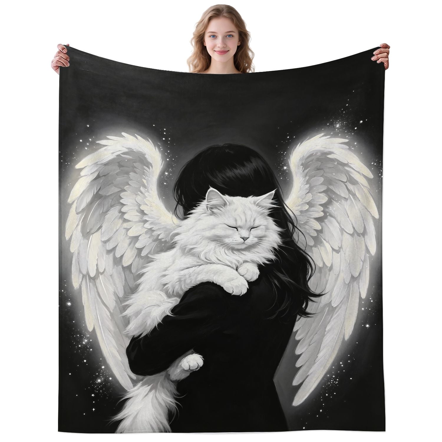 Cozy Plush Angel Woman Holding White Cat Throw Blanket for Bedding Travelling Sleeping Cats Blankets Gifts for Decor Birthday Gifts 50×40 Inch