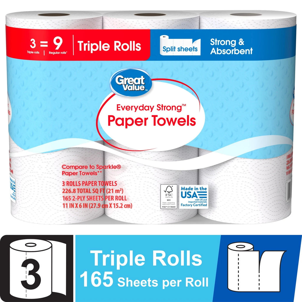 Everyday Strong Paper Towels - Split Sheets, 3 Triple Rolls, Compare To Sparkle
