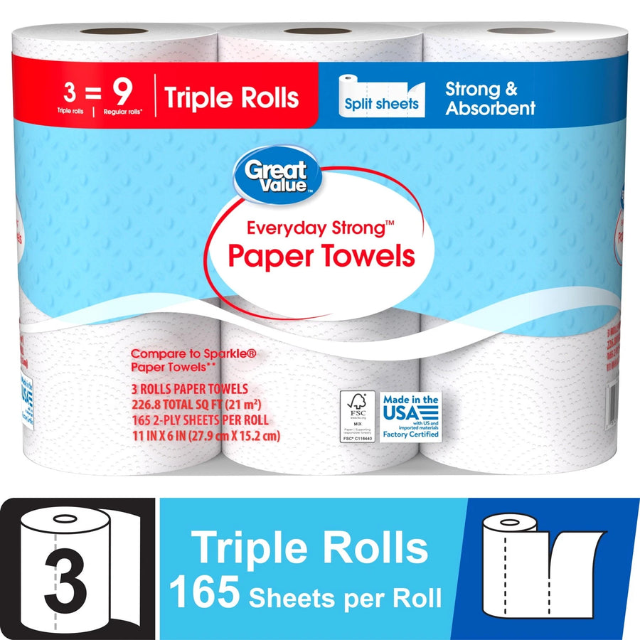 Everyday Strong Paper Towels - Split Sheets, 3 Triple Rolls, Compare To Sparkle