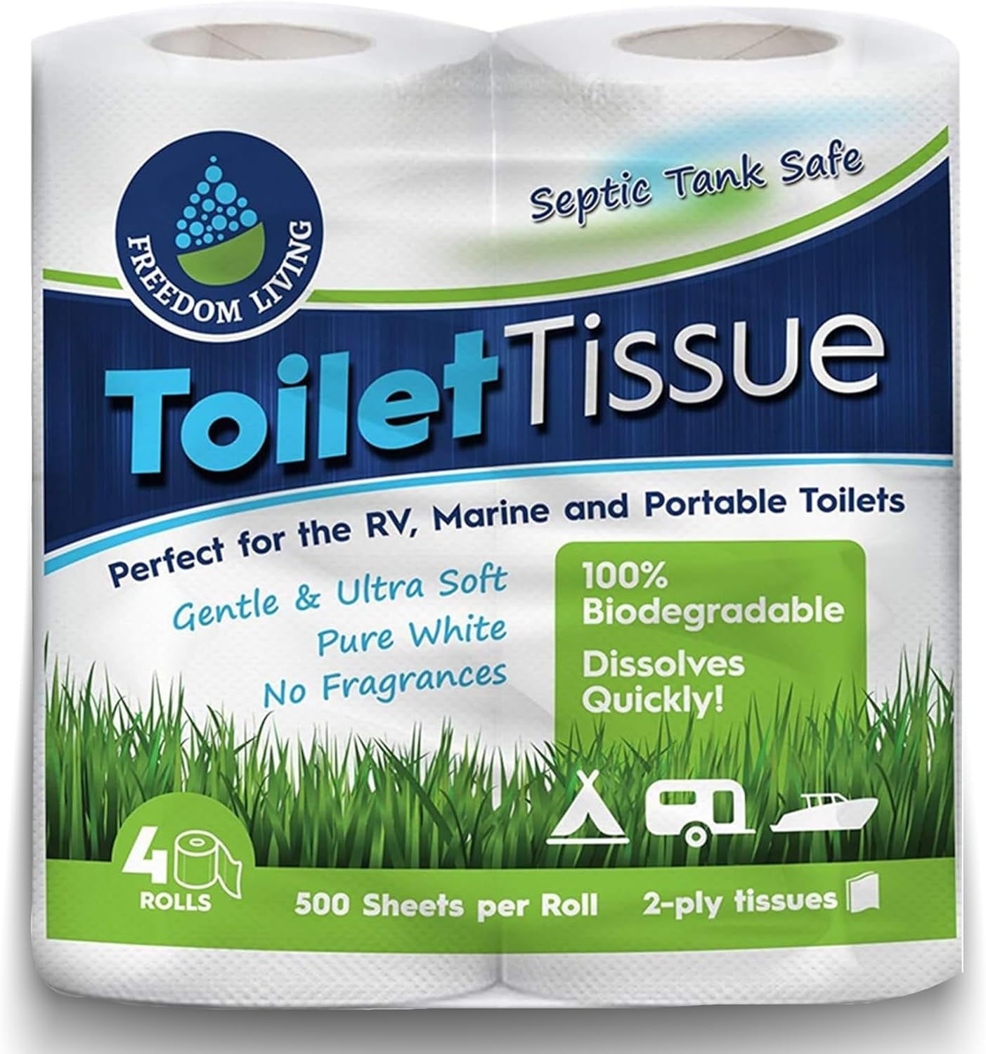 Freedom Living Septic-Safe RV Toilet Tissue - 4 Rolls, 2-Ply, 500 Sheets per Roll
