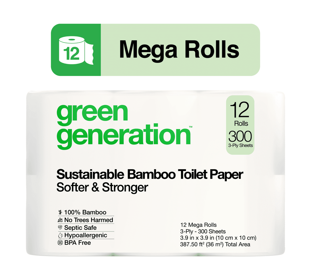 Green Generation Bamboo Toilet Paper - 12 Mega Rolls, 3-Ply, 300 Sheets per Roll