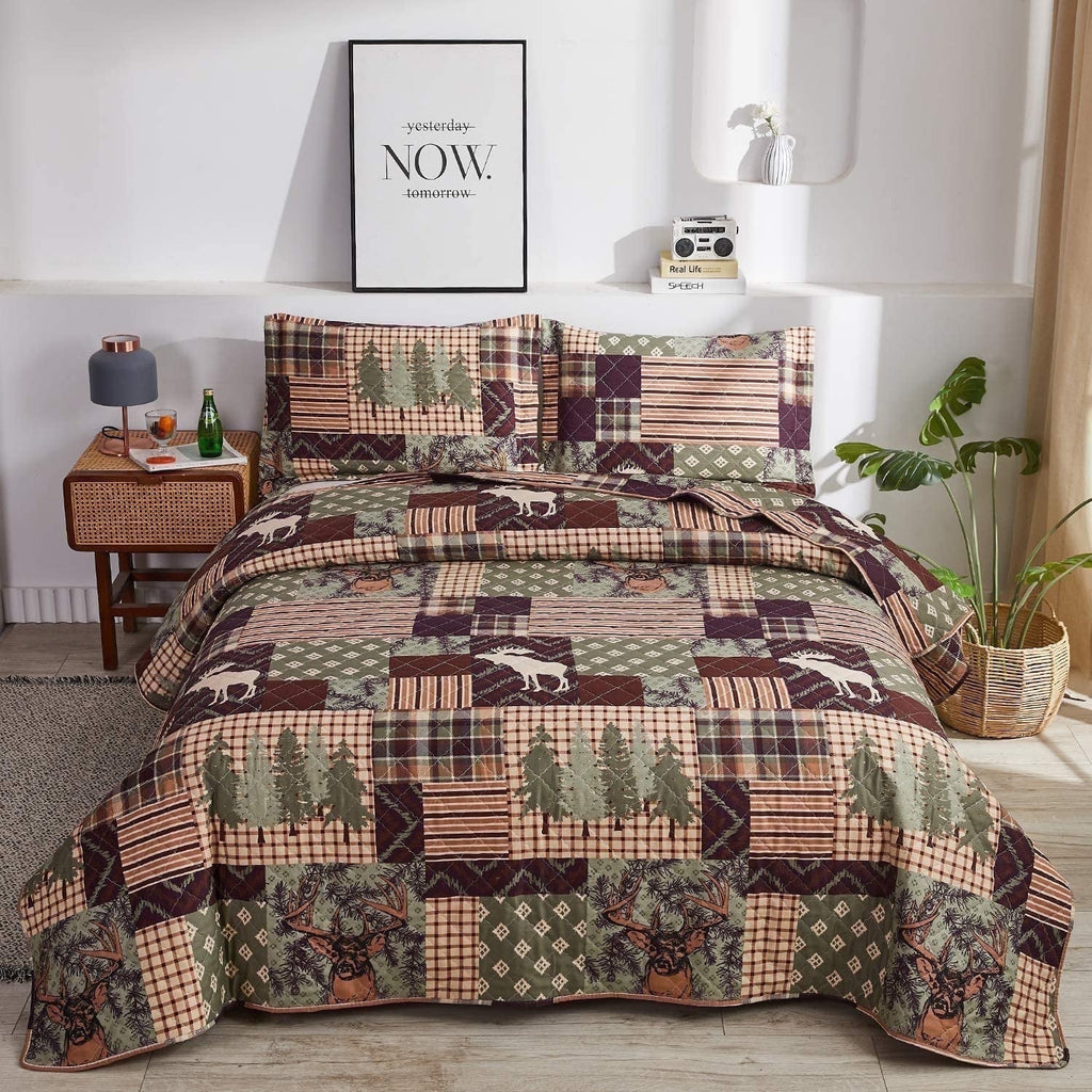 Jessy Home Rustic Lodge Bedding King Moose Quilt Plaid Patchwork Bear Poly Fill Quilt Bedspread Coverlet