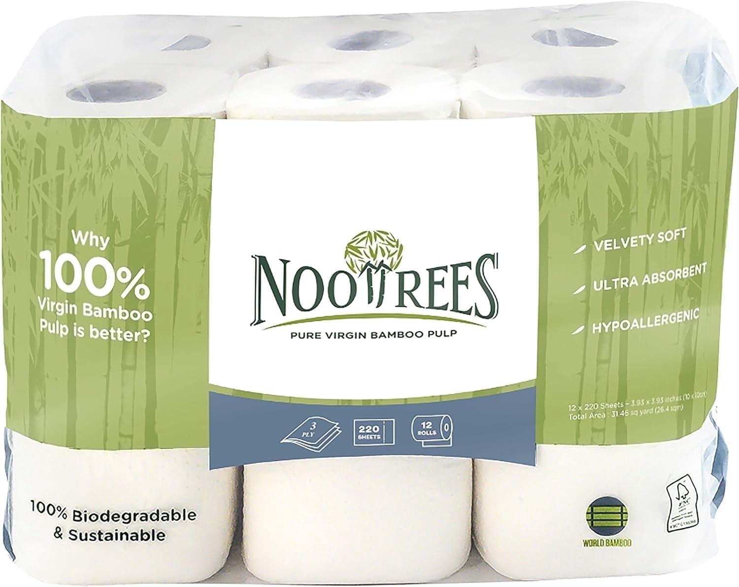 NooTrees Bamboo Toilet Rolls 3 Ply 12 Rolls