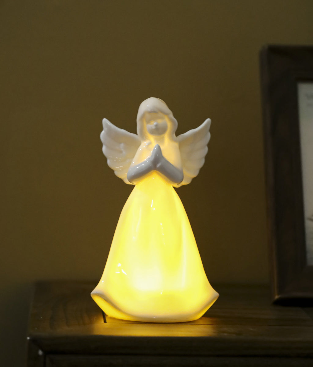 Praying Angel Porcelain Figurine with Light - White 7"H