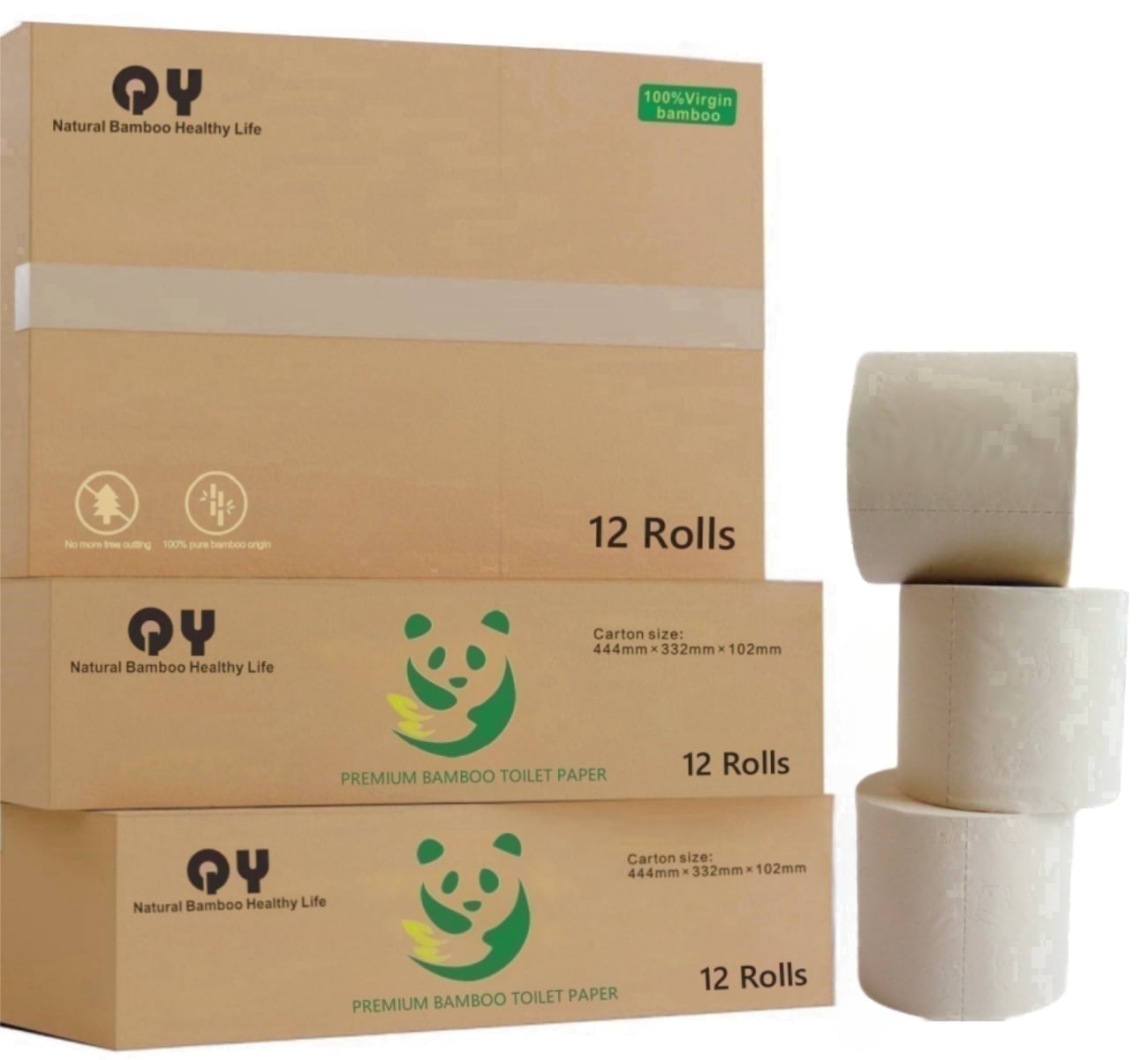 QingYa Premium Bamboo Toilet Paper - 3 Ply Toilets Paper, Unbleached and Absorbent, Bathroom Tissue Rolls, 12 Mega Rolls, 300 Sheets per Roll