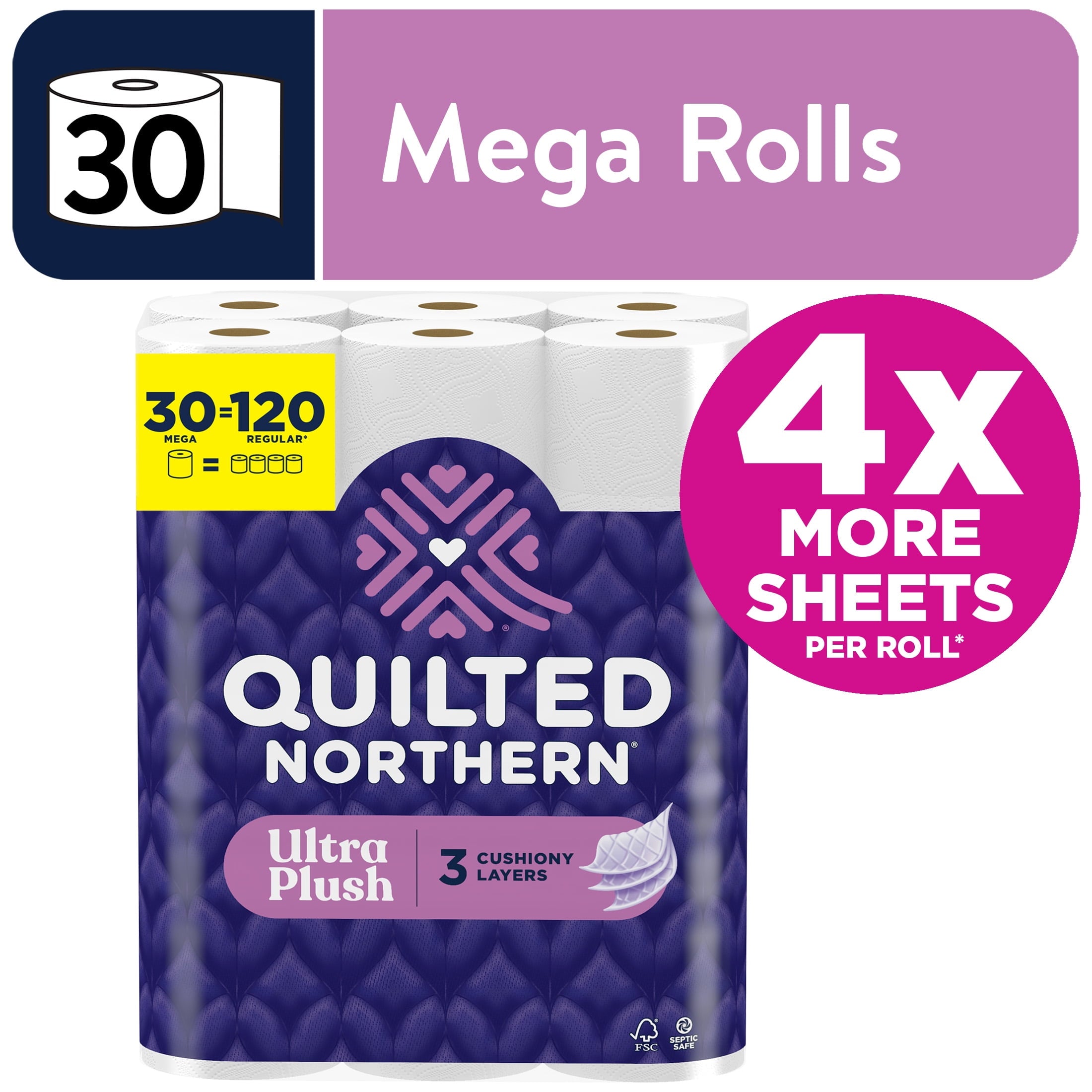 Quilted Northern Ultra Plush 3-Ply Toilet Paper - 30 Mega Rolls, 255 Sheets per Roll