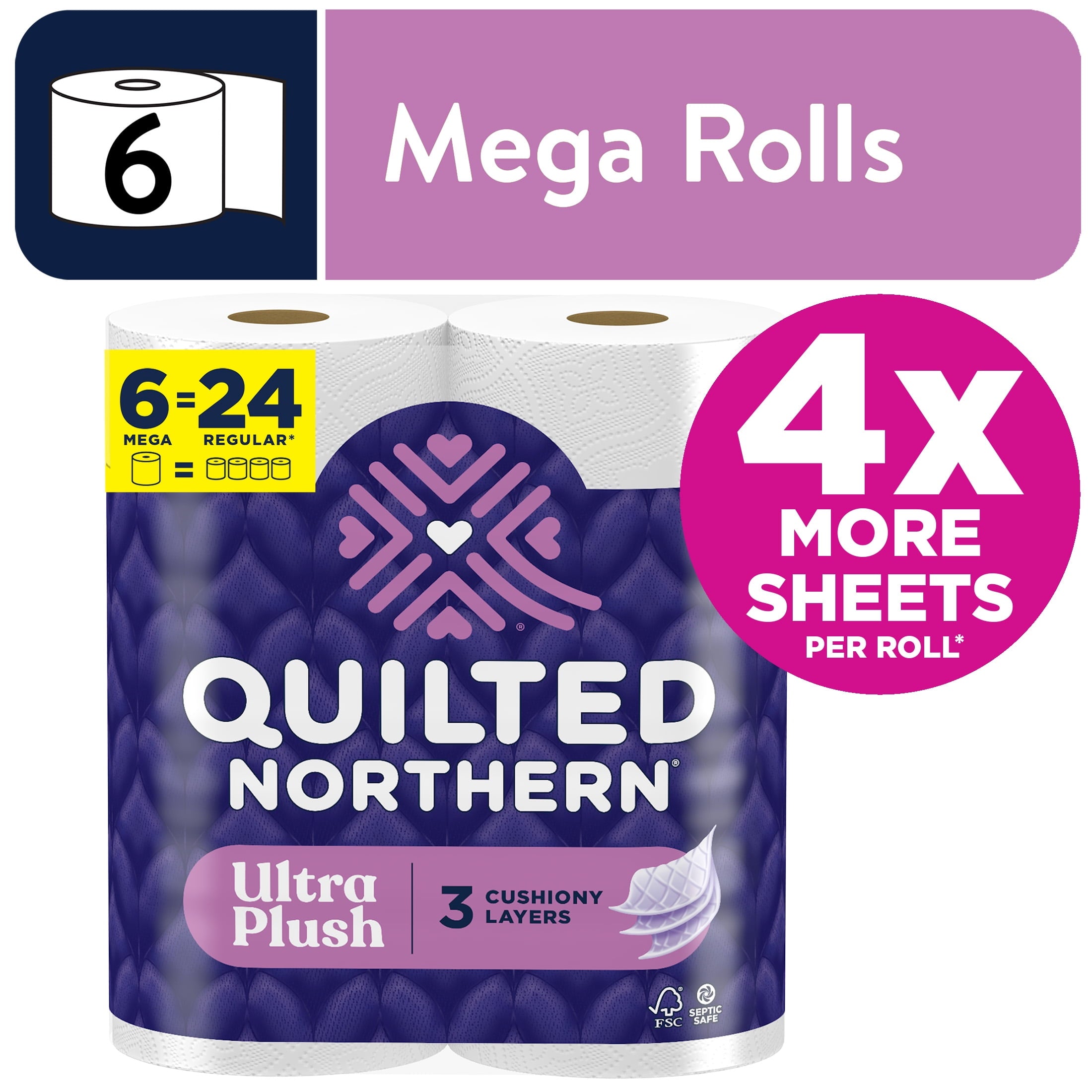 Quilted Northern Ultra Plush Toilet Paper - 6 Mega Rolls, 3-Ply, 255 Sheets per Roll