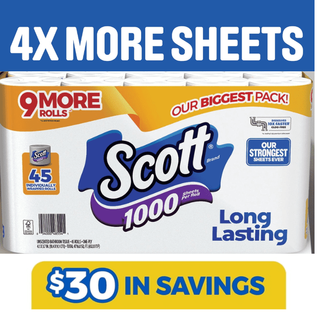 Scott 1000 1-Ply Toilet Paper 45 rolls - 1, 000 (4x more sheets )