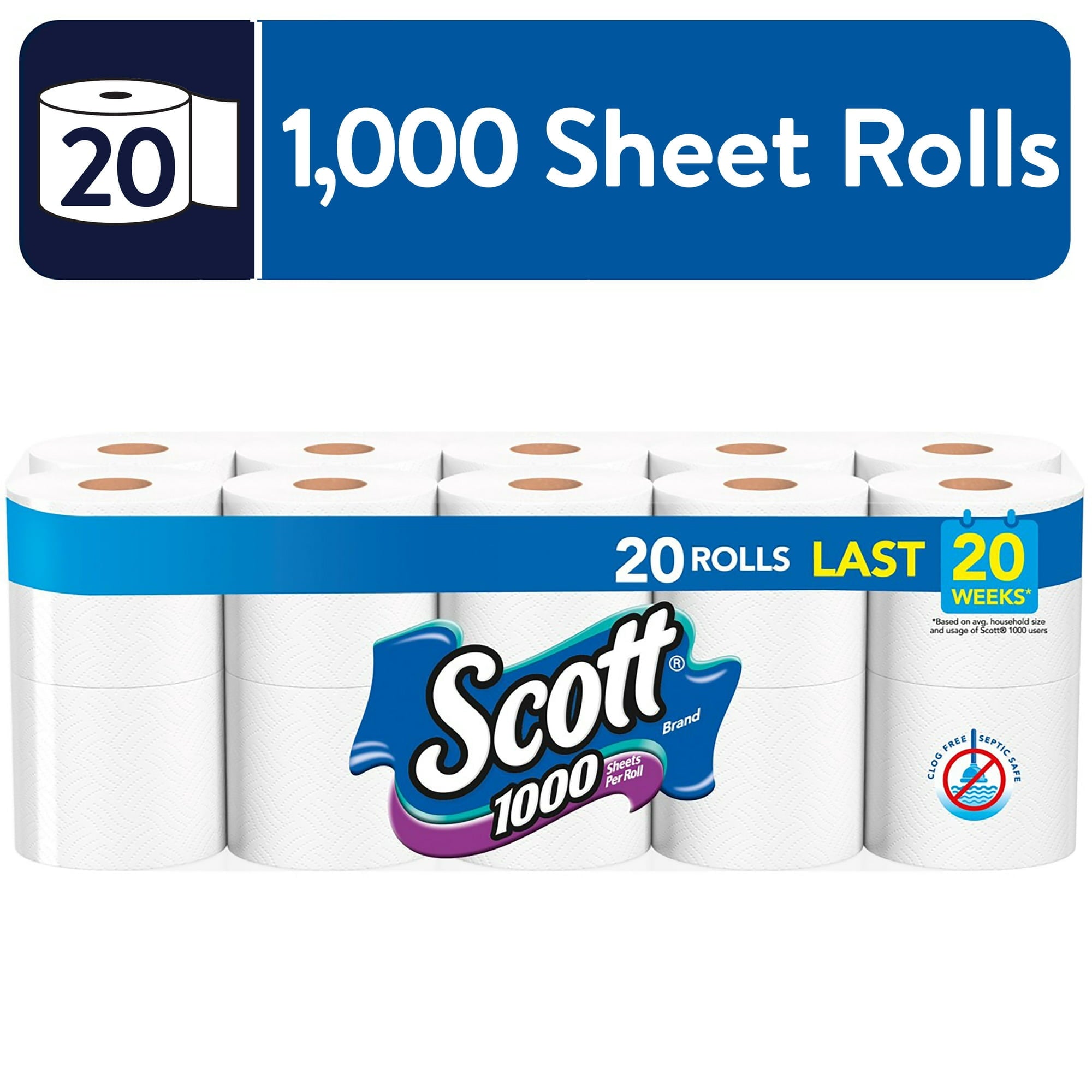 Scott 1000 Bathroom Tissue - Septic Safe, 1-Ply, White, 1, 000 Sheet/Roll, 20/Pack, Each