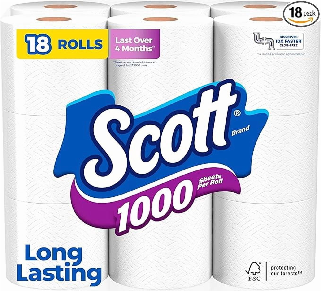 Scott 1000 Toilet Paper - 18 Rolls, Septic-Safe, 1-Ply Toilet Tissue