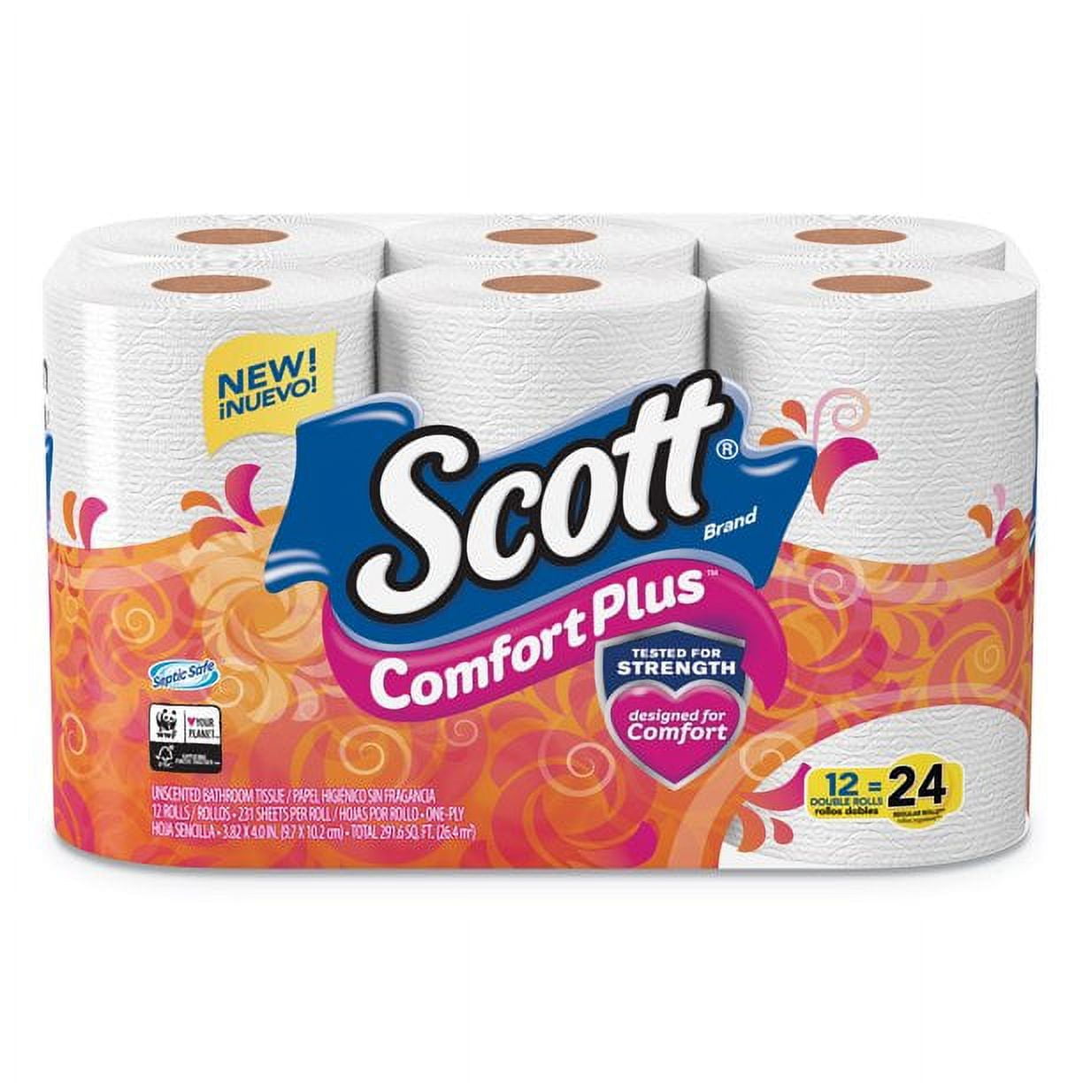 Scott ComfortPlus Toilet Paper - Double Roll, Bath Tissue, 1-Play, 231, 12 Roll per Pack