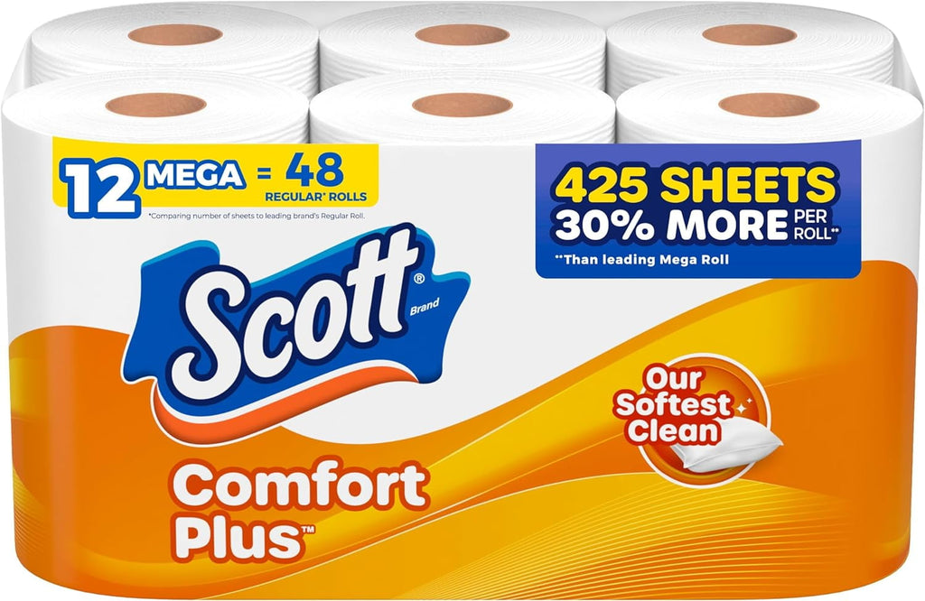 Scott ComfortPlus Toilet Paper - 12 Mega Rolls, 425 Sheets per Roll, Septic-Safe, 1-Ply Toilet Tissue